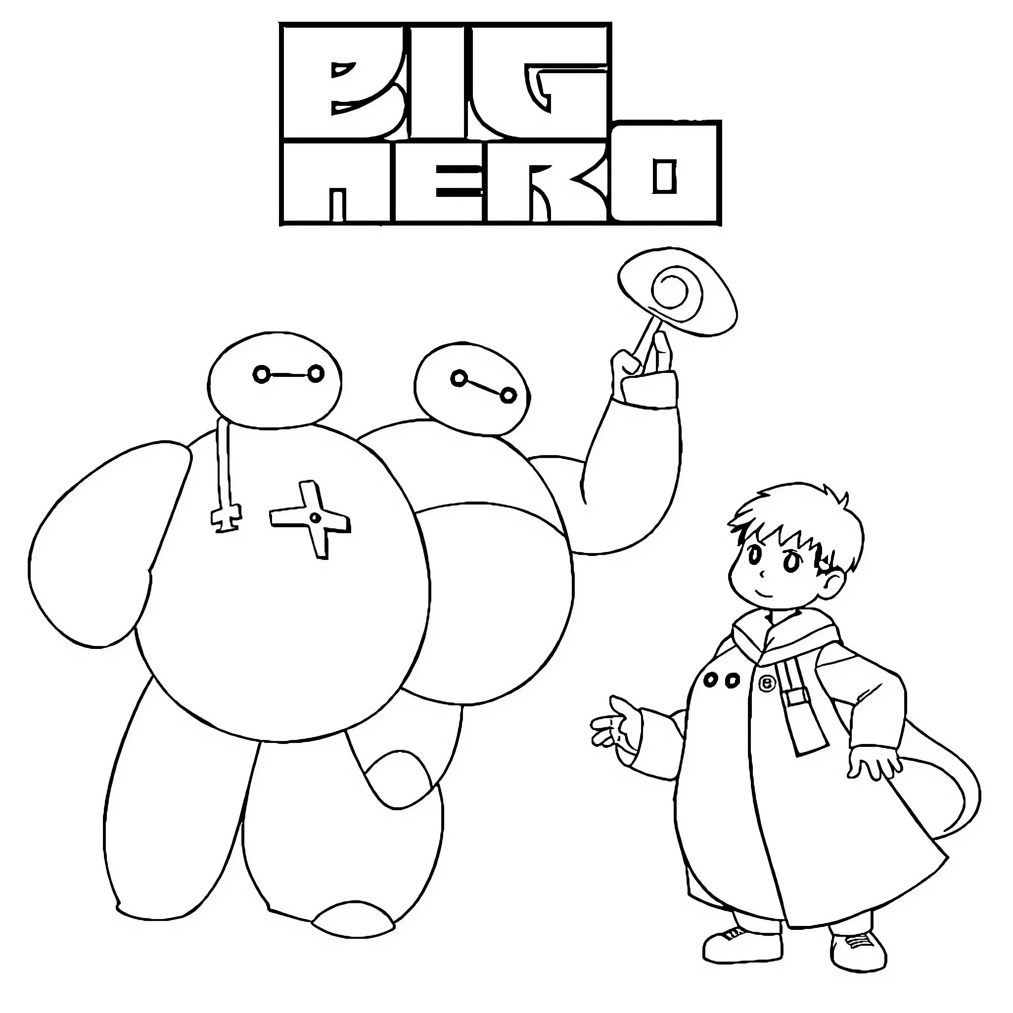 Big Hero Characters Posing and Interacting Coloring Page (free black-and-white line drawing printable PDF for all, from beginners to advanced learners, including children, teens, adults, and seniors)