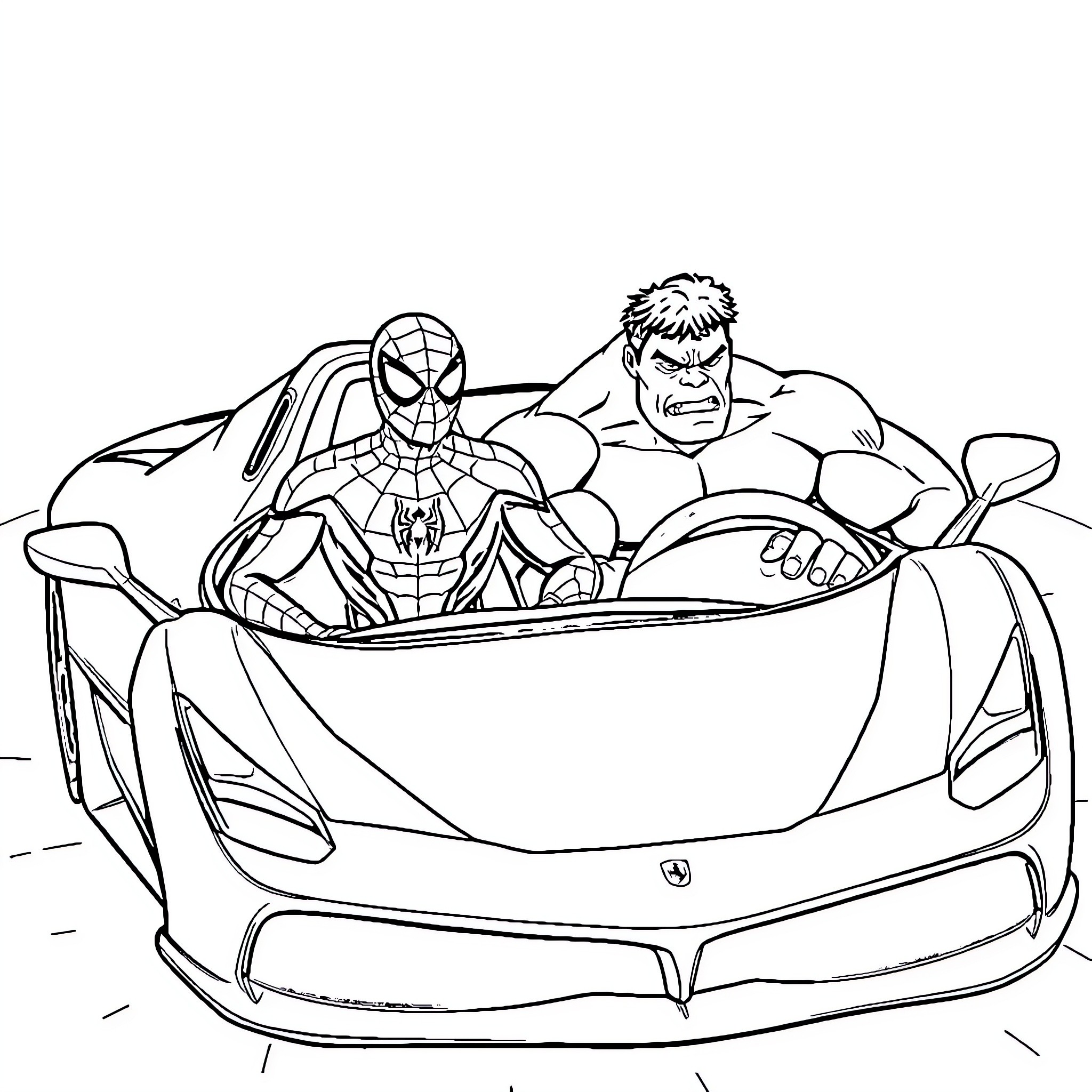 Spider-Man and Hulk racing in a sports car Coloring Page (free black-and-white line drawing printable PDF for all, from beginners to advanced learners, including children, teens, adults, and seniors)
