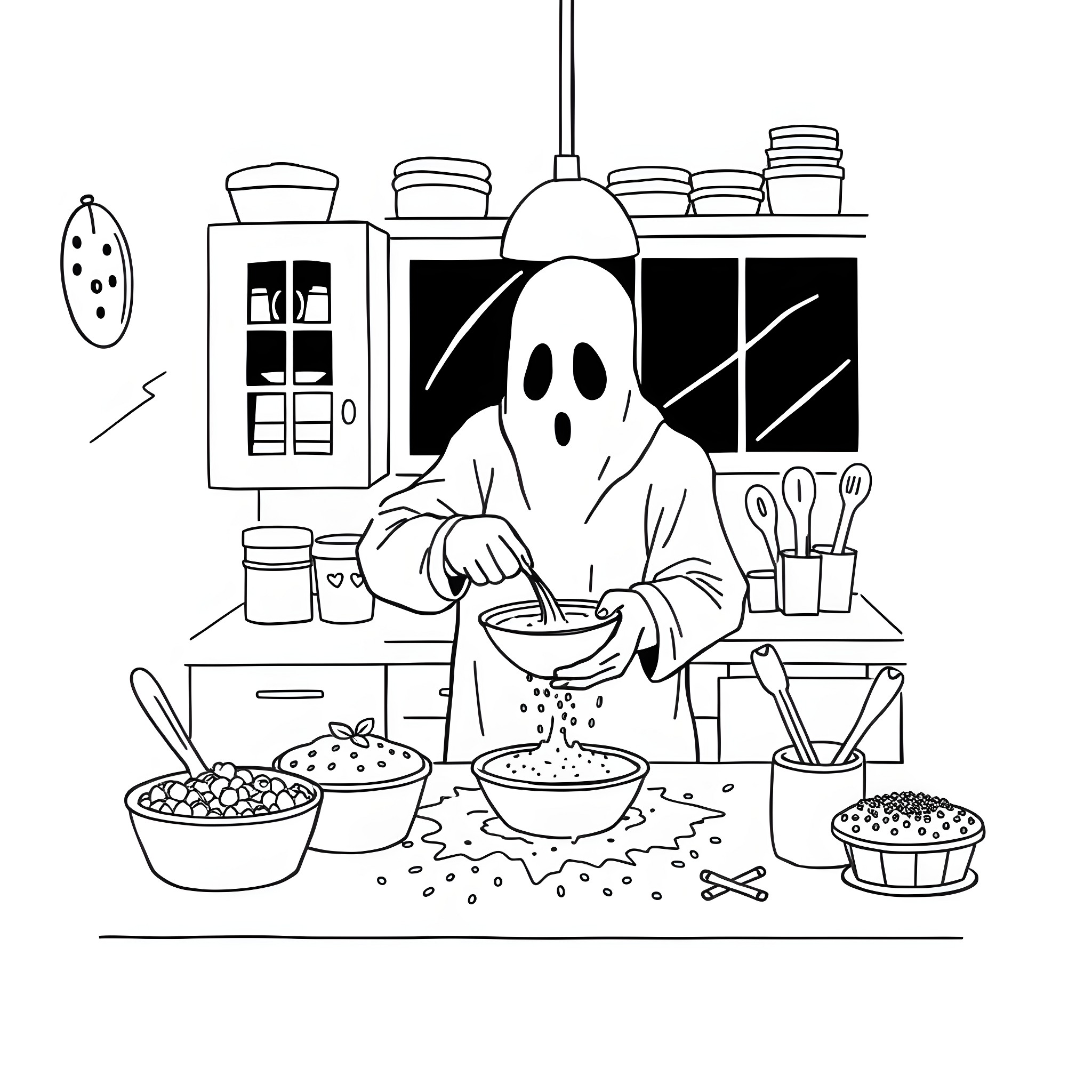 Ghostface Baking in the Kitchen Coloring Page (free black-and-white line drawing printable PDF for all, from beginners to advanced learners, including children, teens, adults, and seniors)