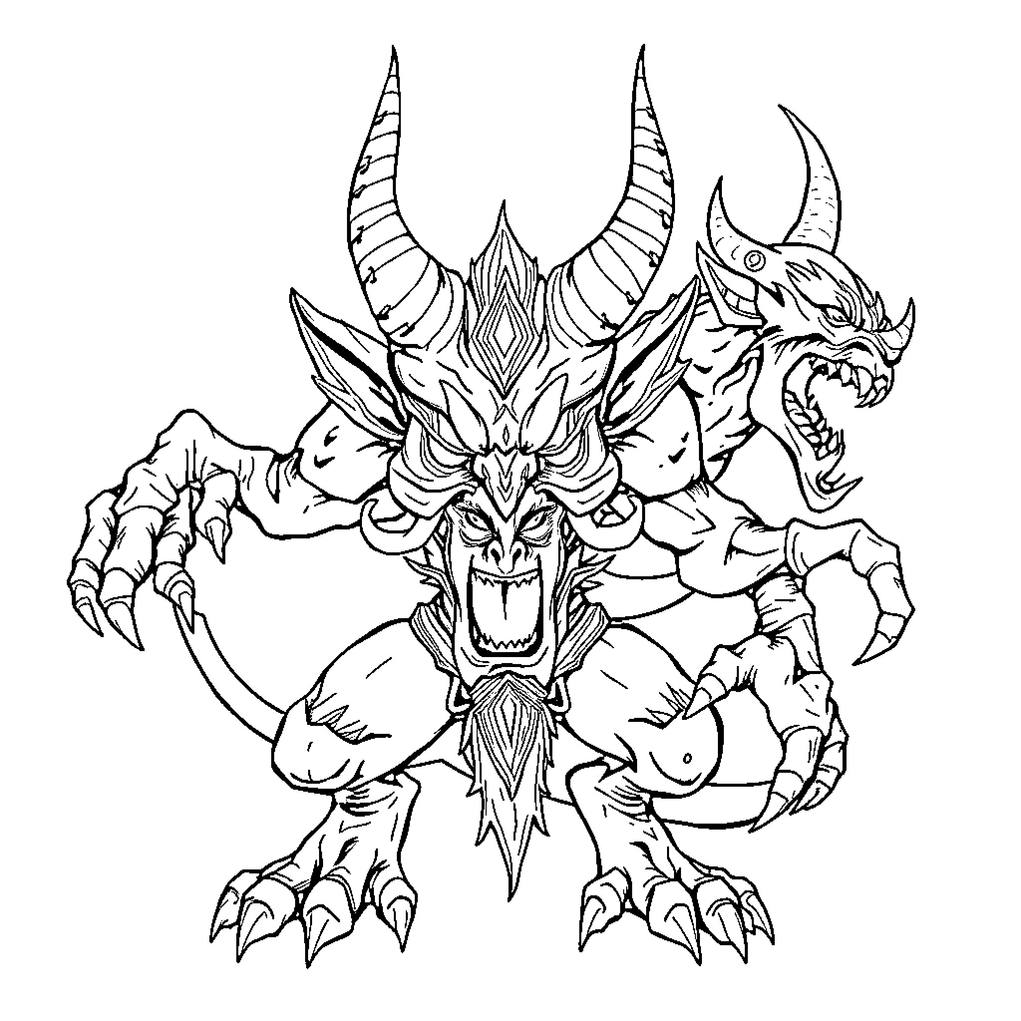 Demon creature with horns, claws, and ferocious expression Coloring Page (free black-and-white line drawing printable PDF for all, from beginners to advanced learners, including children, teens, adults, and seniors)