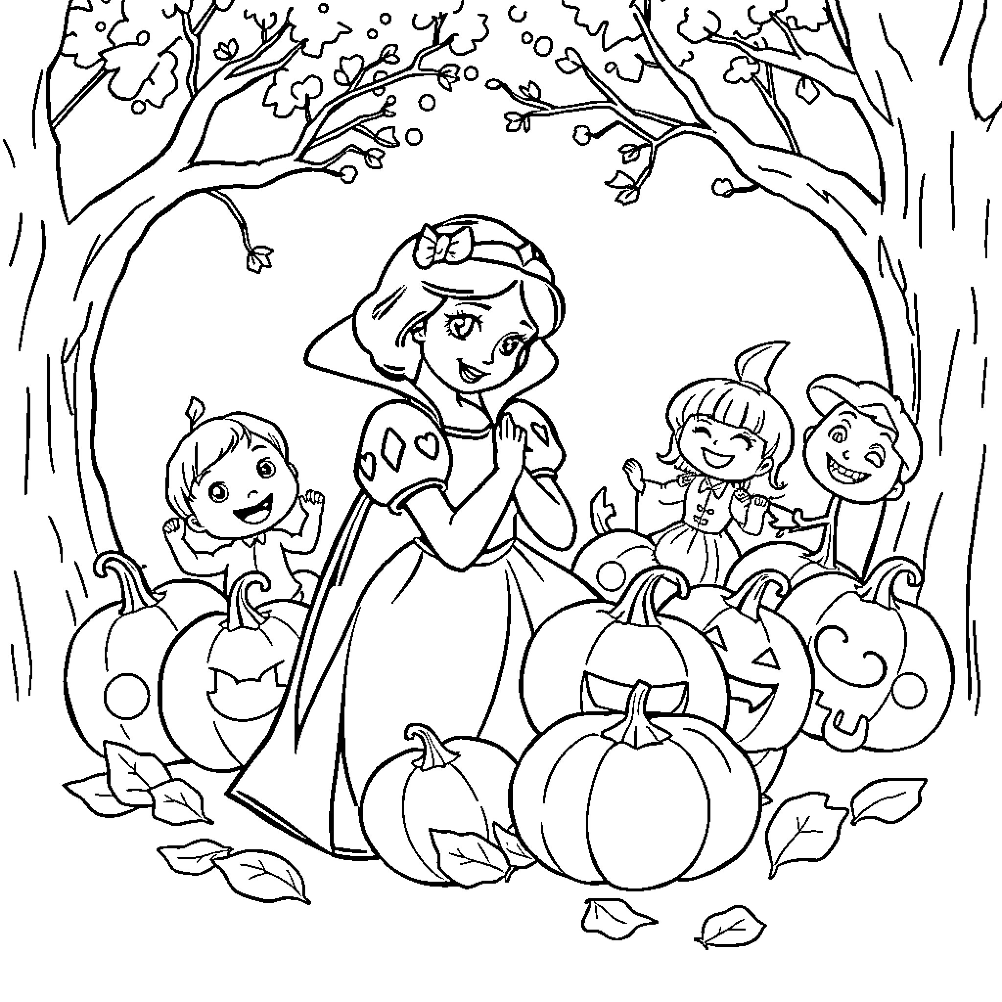 Pumpkin Princess and Friends in the Pumpkin Patch Coloring Page (free black-and-white line drawing printable PDF for all, from beginners to advanced learners, including children, teens, adults, and seniors)