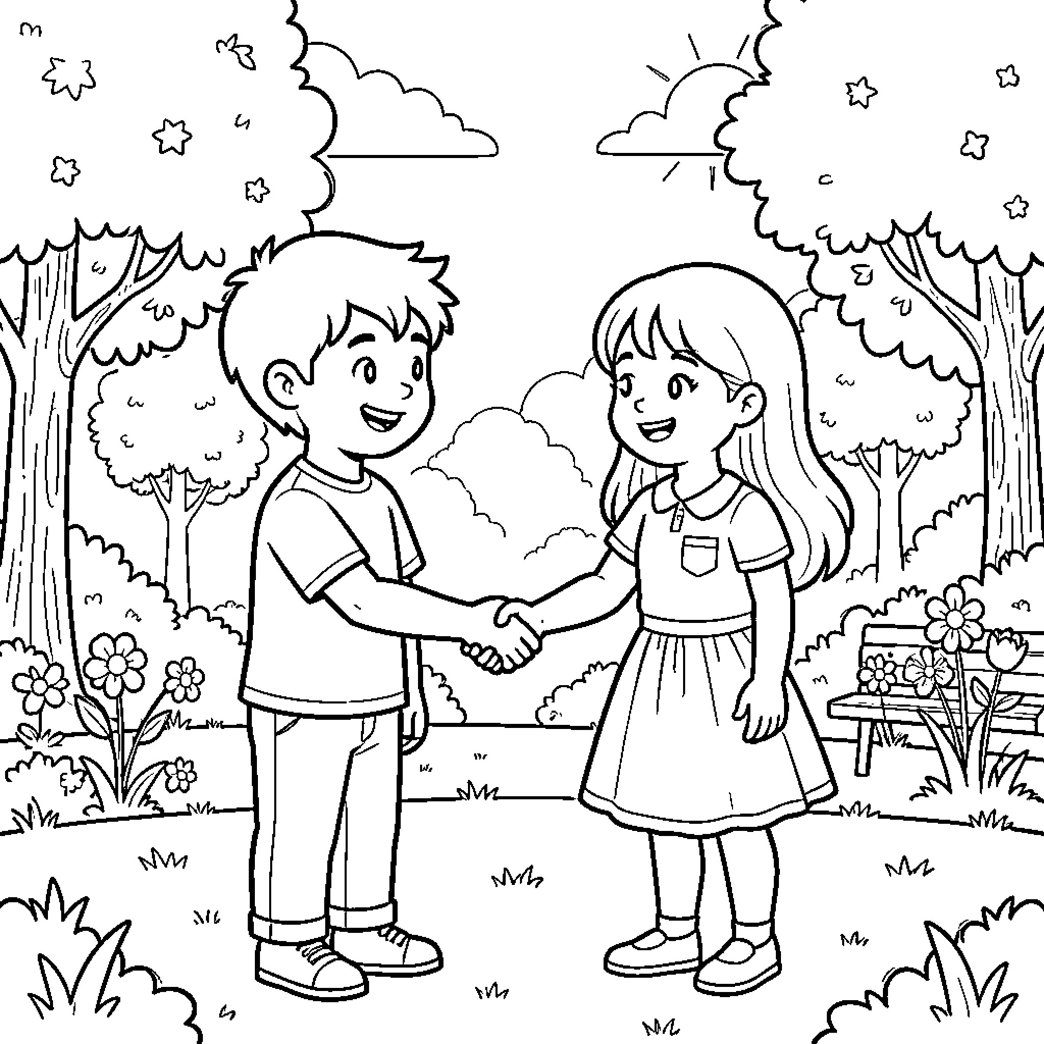 Boy and Girl Holding Hands in Outdoor Park Coloring Page (free black-and-white line drawing printable PDF for all, from beginners to advanced learners, including children, teens, adults, and seniors)