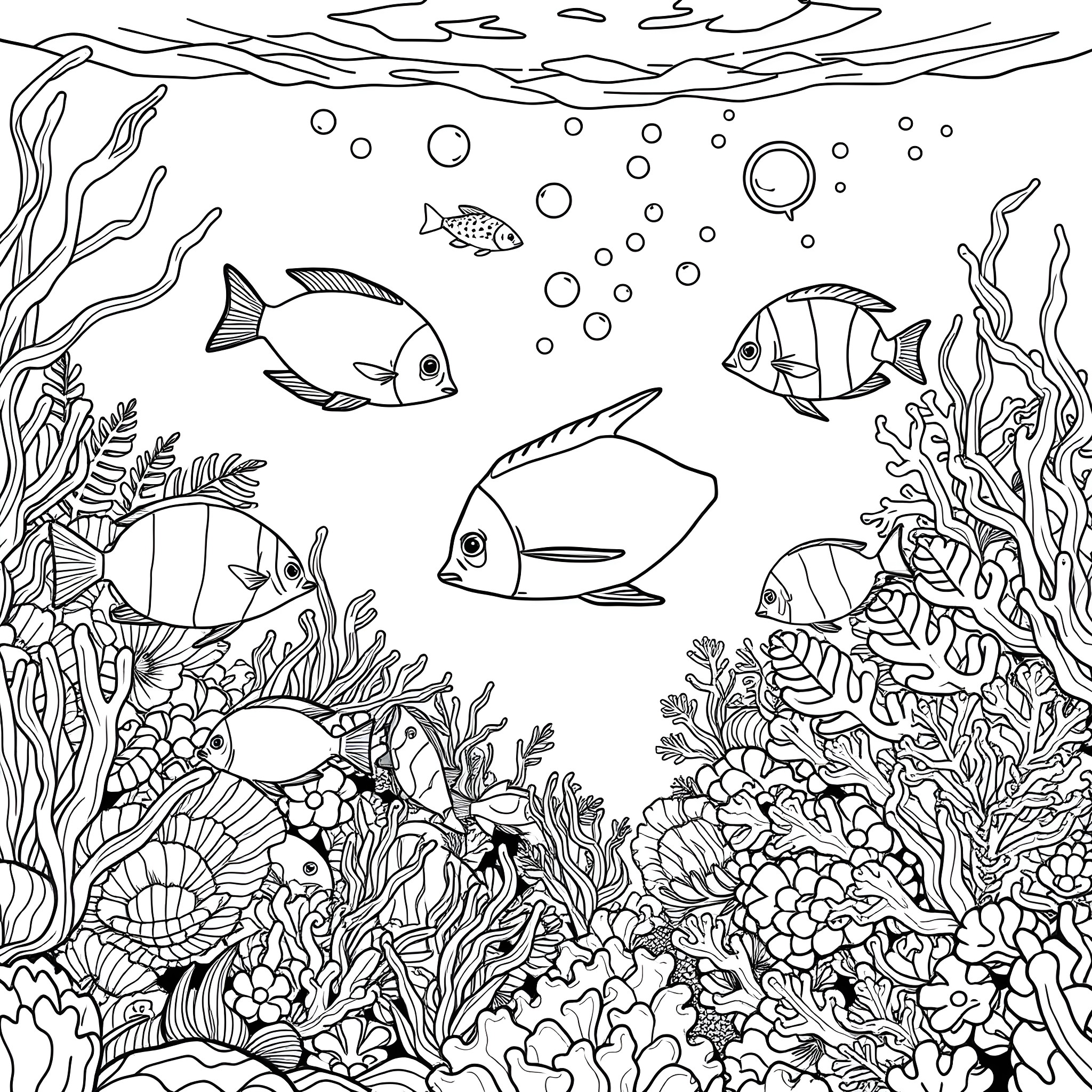 Fish swimming among colorful coral reef Coloring Page (free black-and-white line drawing printable PDF for all, from beginners to advanced learners, including children, teens, adults, and seniors)