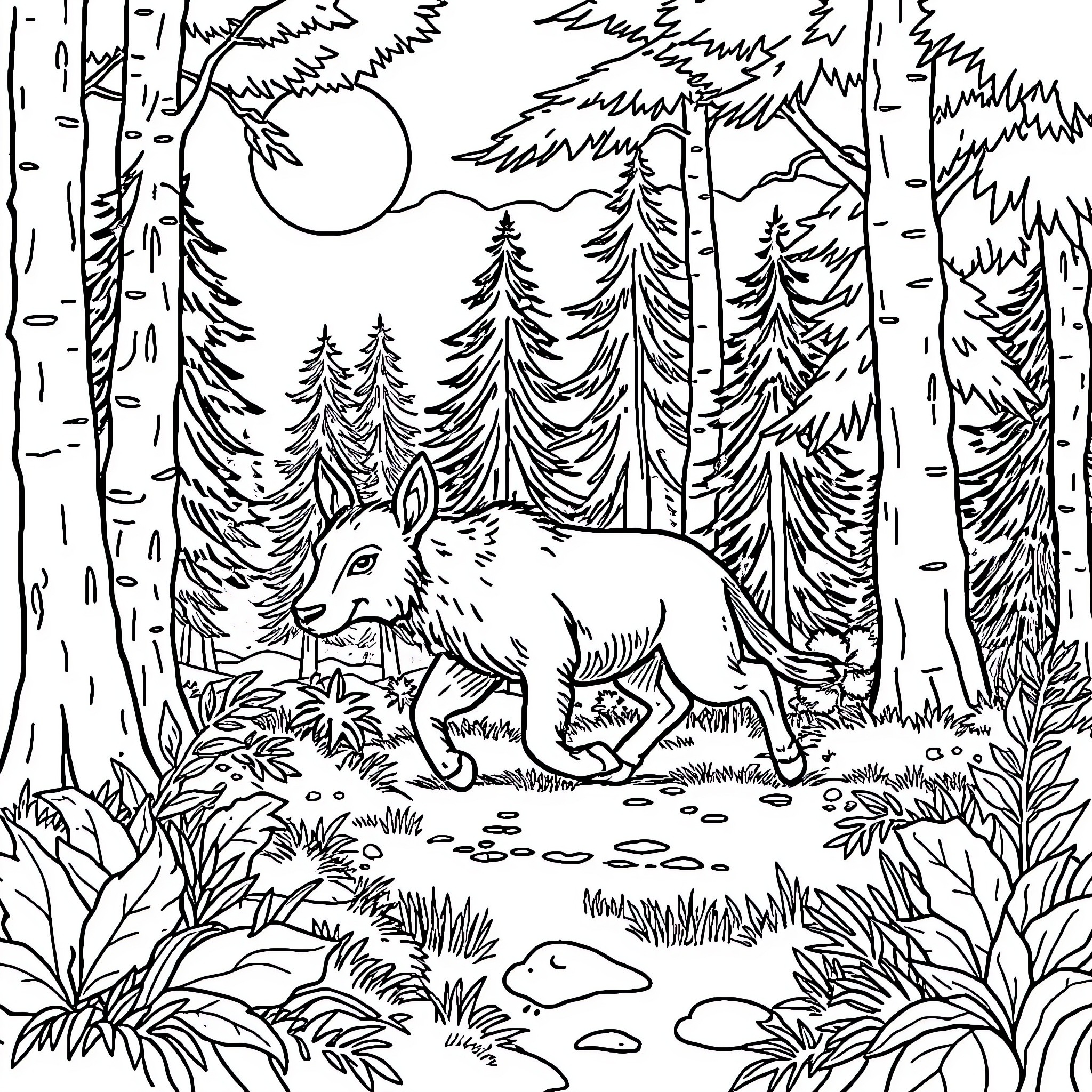 Animal wandering through the peaceful forest Coloring Page (free black-and-white line drawing printable PDF for all, from beginners to advanced learners, including children, teens, adults, and seniors)
