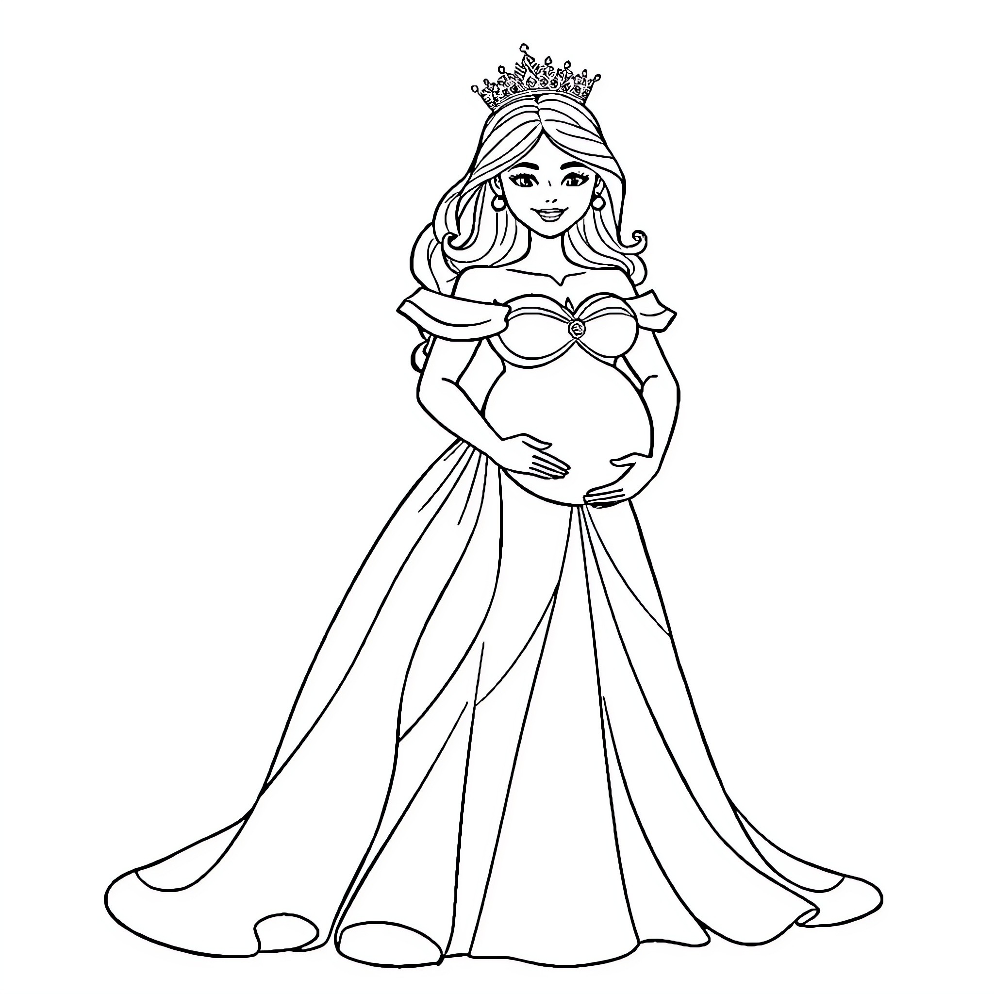 Princess in Elegant Dress and Crown Coloring Page (free black-and-white line drawing printable PDF for all, from beginners to advanced learners, including children, teens, adults, and seniors)