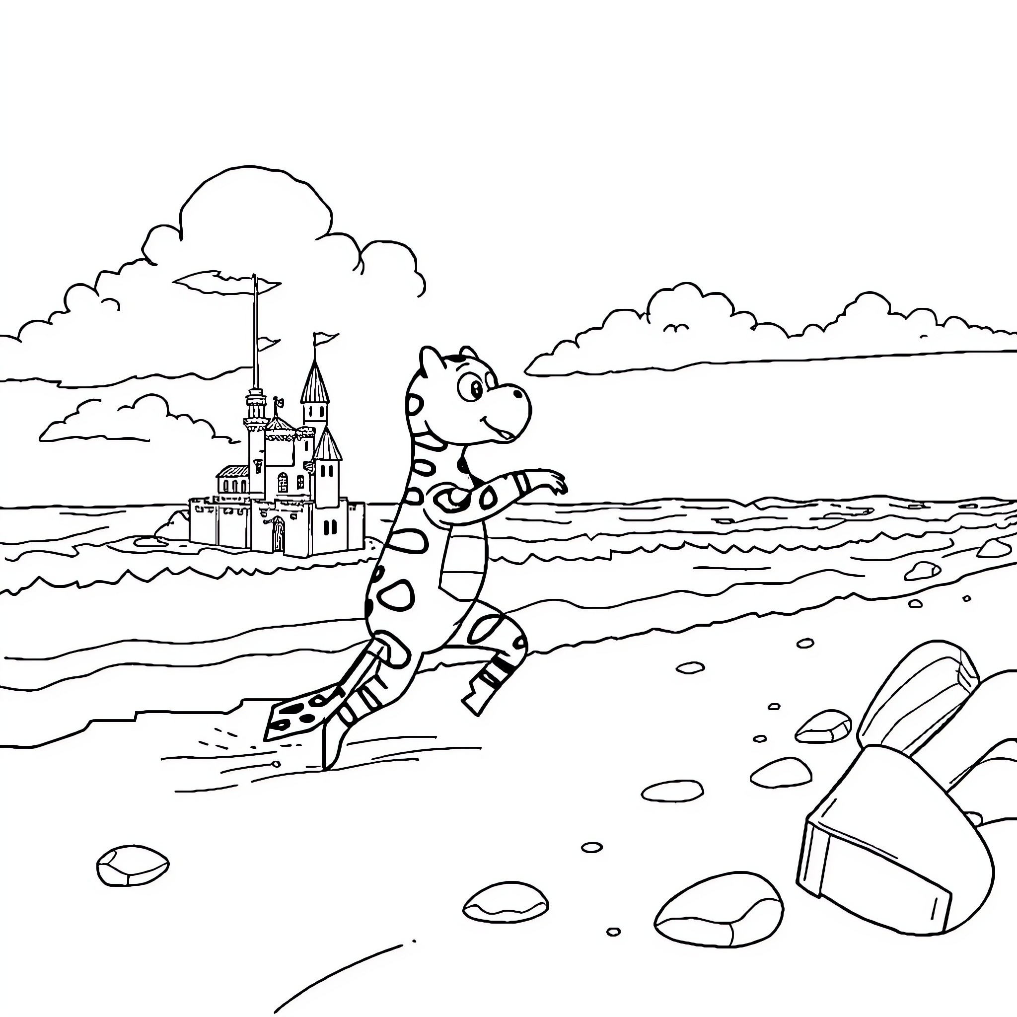 Paw Patrol pup skates by castle on the beach Coloring Page (free black-and-white line drawing printable PDF for all, from beginners to advanced learners, including children, teens, adults, and seniors)