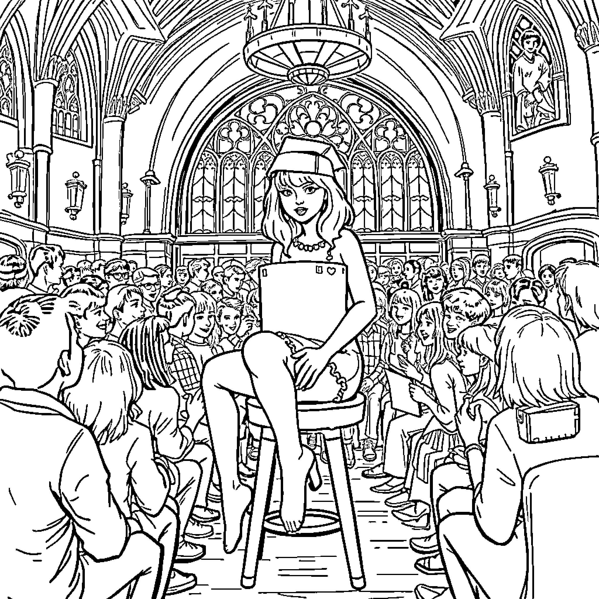 Taylor Swift performing on stage in a concert Coloring Page (free black-and-white line drawing printable PDF for all, from beginners to advanced learners, including children, teens, adults, and seniors)