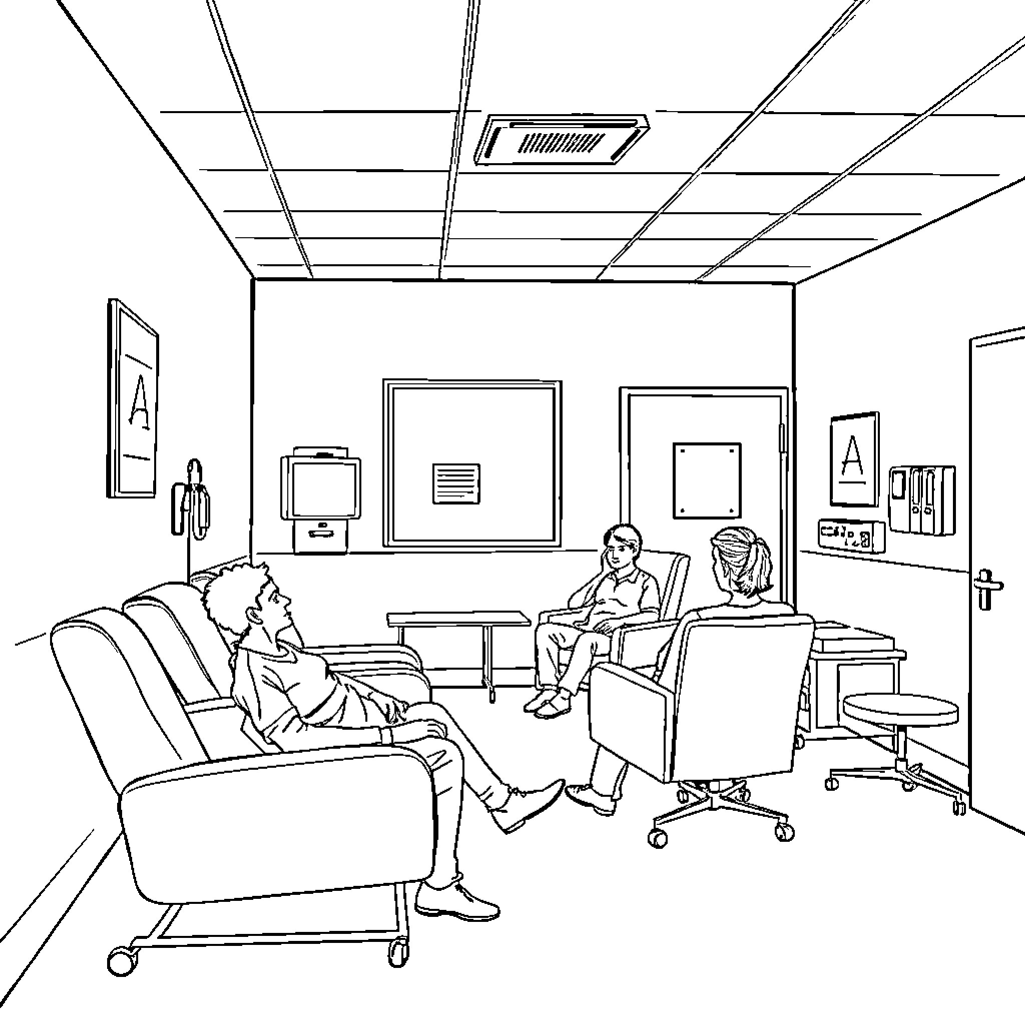 Psych Ward: Patients Relaxing in Treatment Room Coloring Page (free black-and-white line drawing printable PDF for all, from beginners to advanced learners, including children, teens, adults, and seniors)