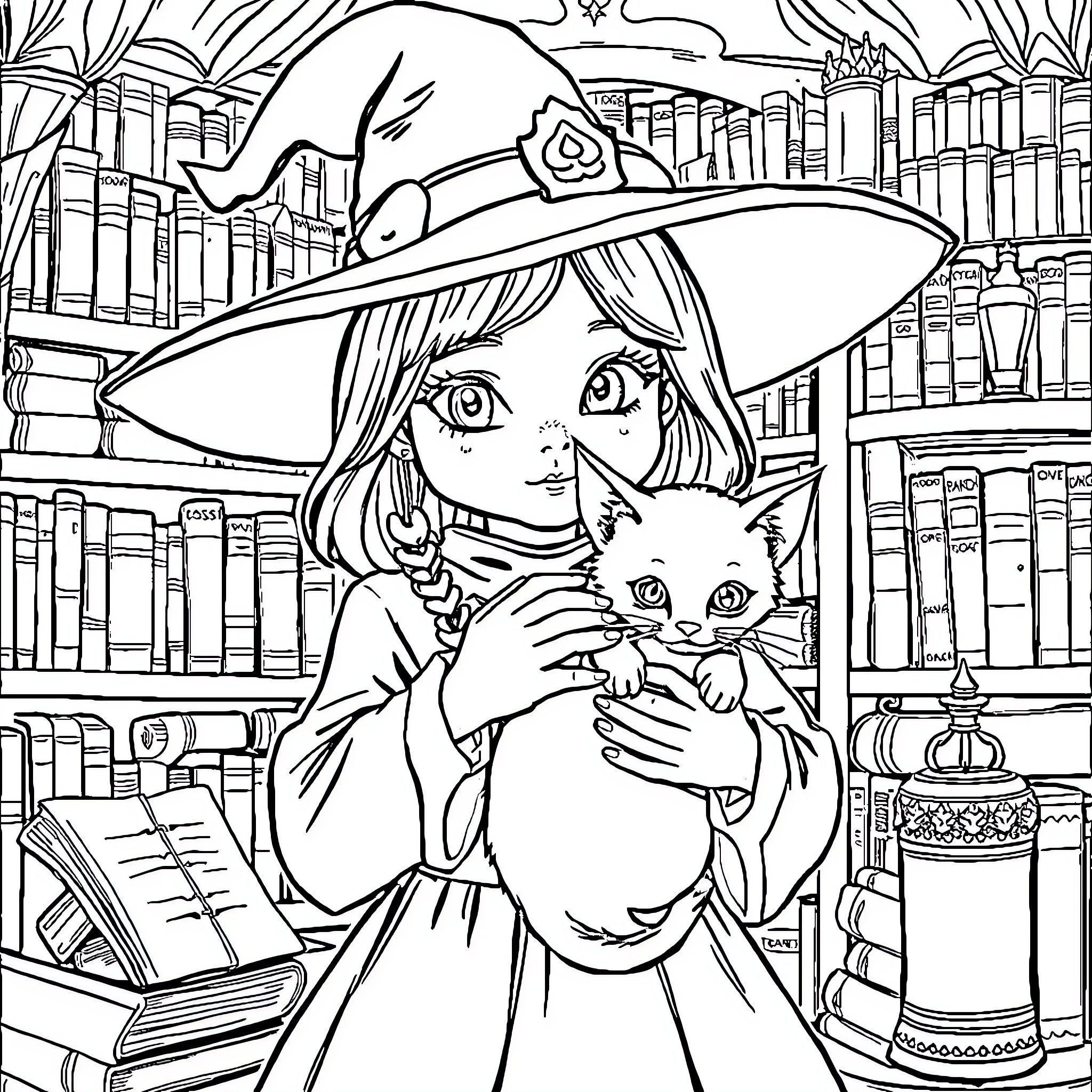 Nina the Witch Apprentice and Her Feline Companion Coloring Page (free black-and-white line drawing printable PDF for all, from beginners to advanced learners, including children, teens, adults, and seniors)