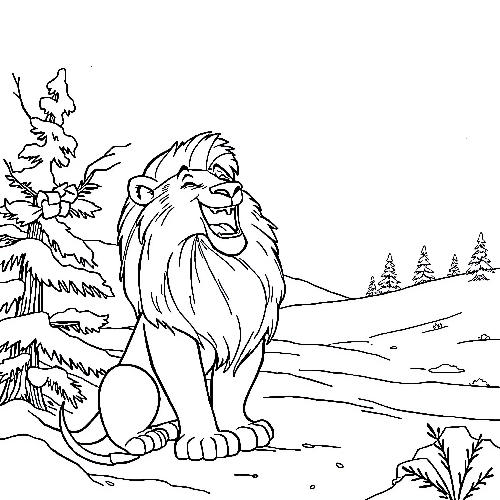 Mufassa roaring in the wilderness Coloring Page (free black-and-white line drawing printable PDF for all, from beginners to advanced learners, including children, teens, adults, and seniors)