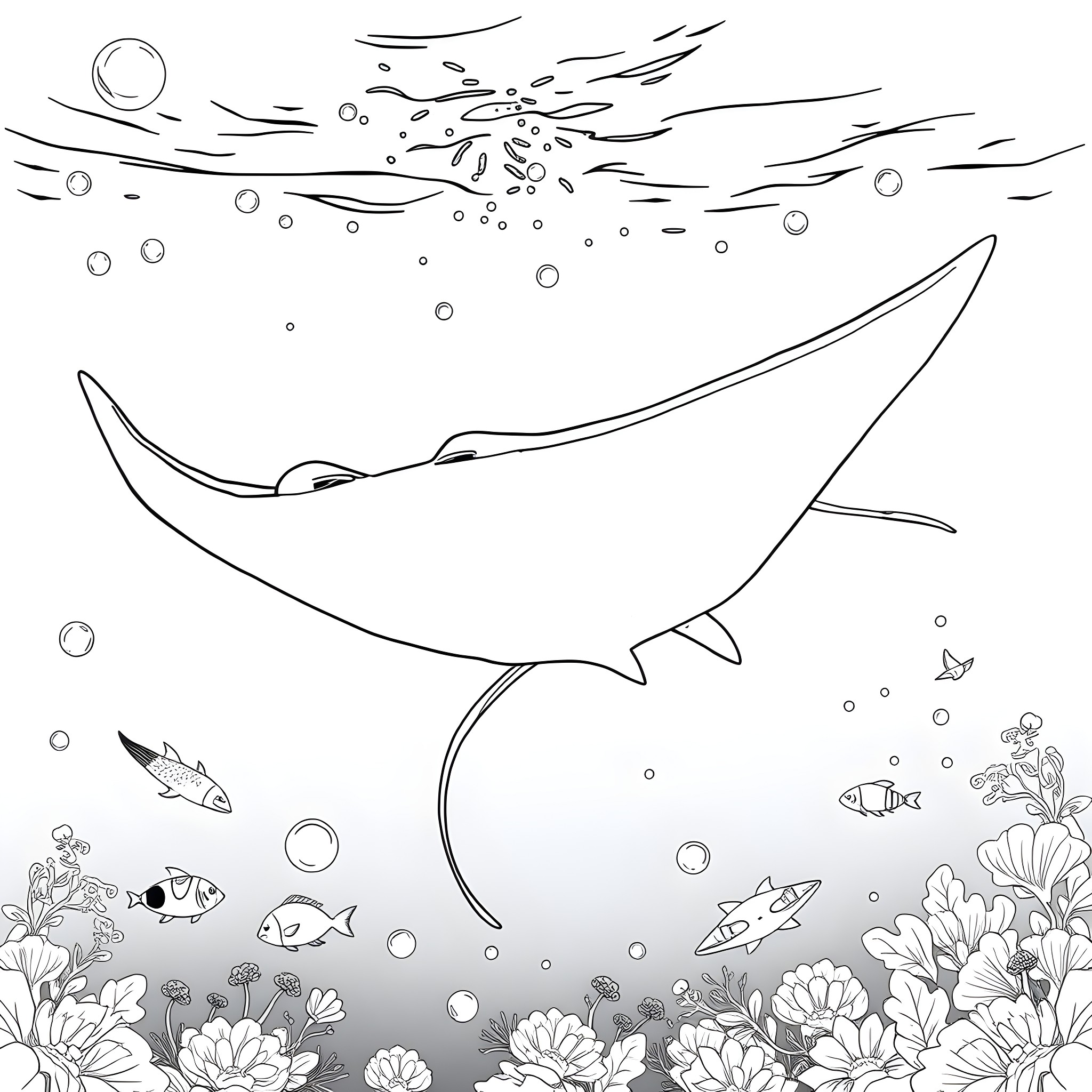 Manta Ray swimming gracefully through the underwater scene Coloring Page (free black-and-white line drawing printable PDF for all, from beginners to advanced learners, including children, teens, adults, and seniors)
