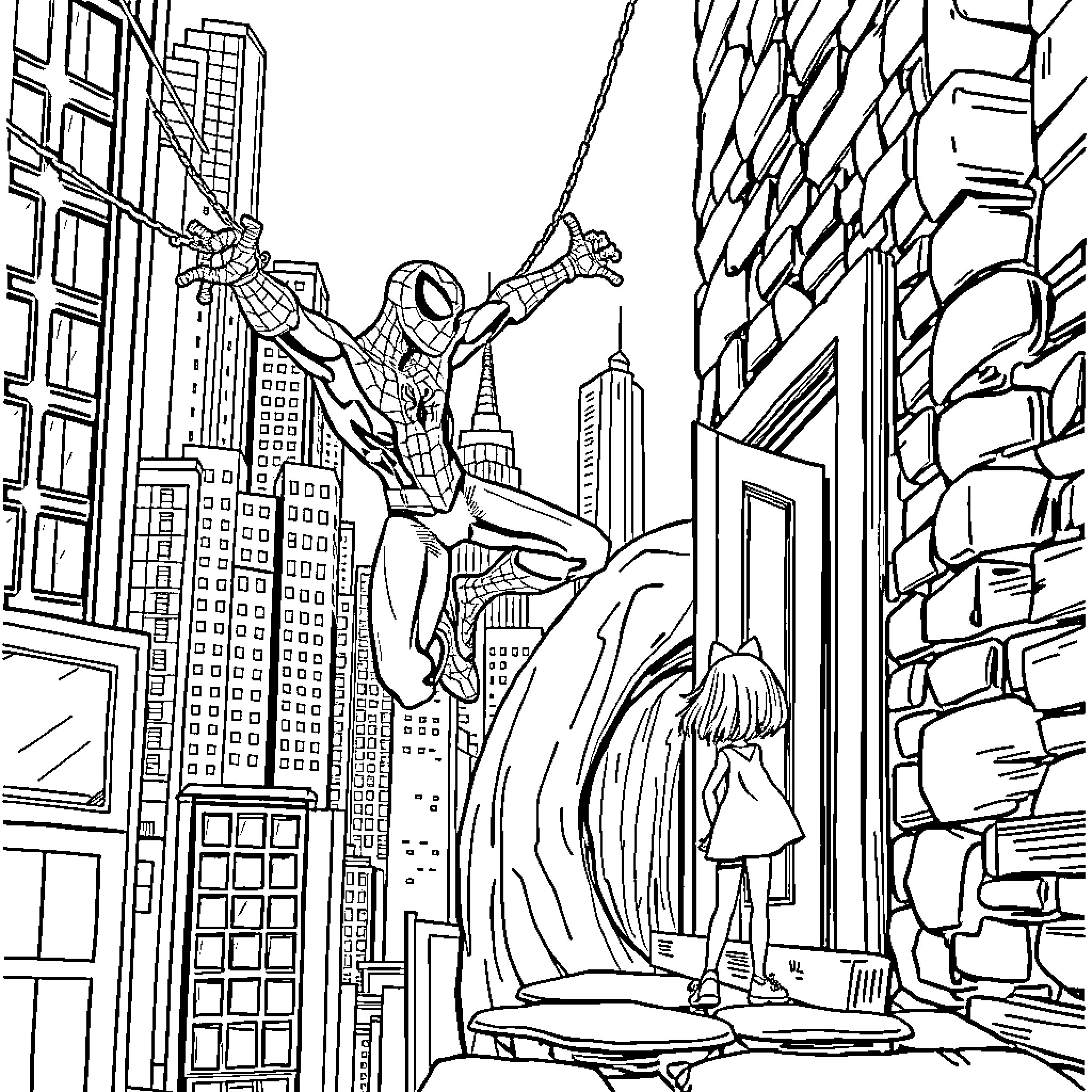 Spider-Man swinging through the city skyline Coloring Page (free black-and-white line drawing printable PDF for all, from beginners to advanced learners, including children, teens, adults, and seniors)
