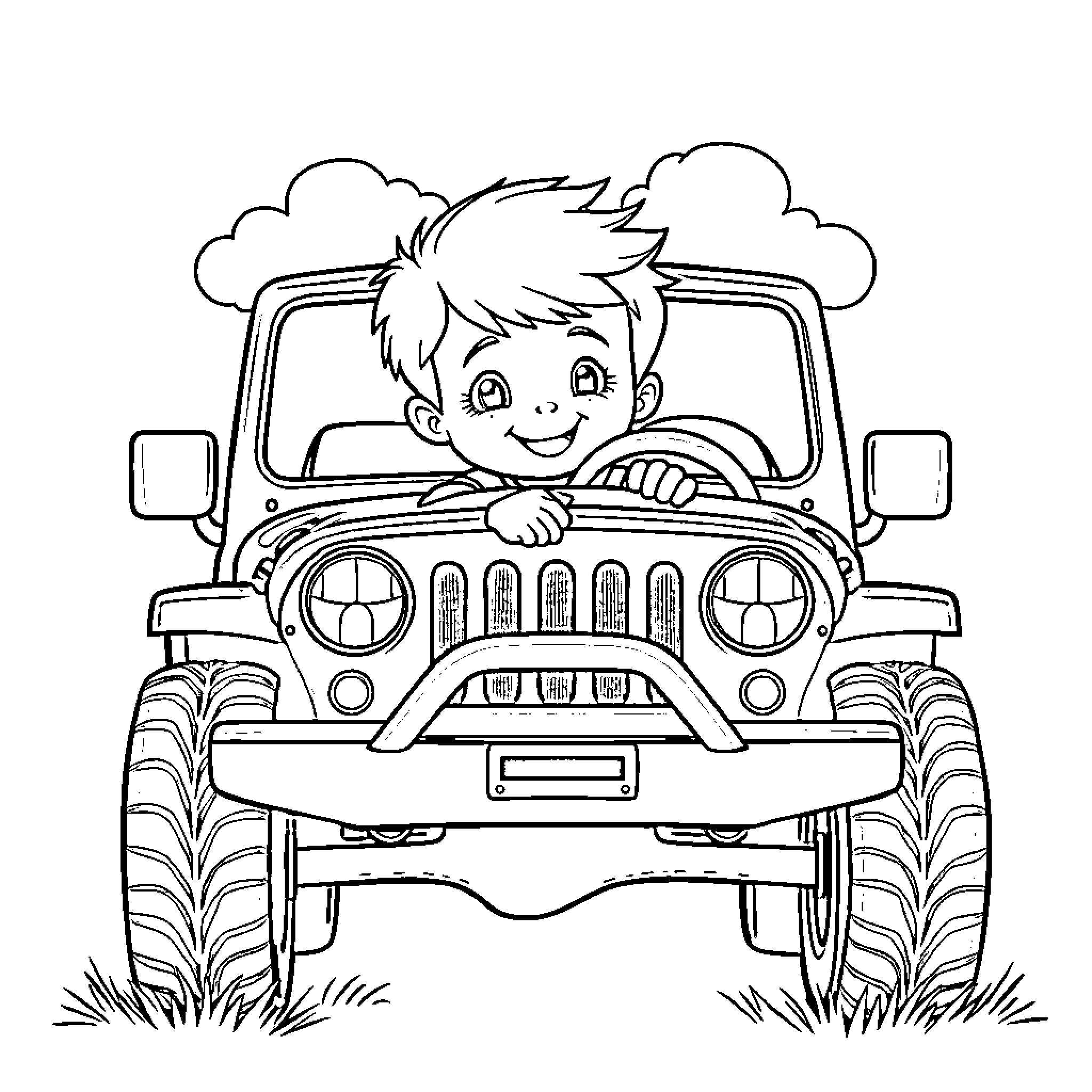 Boy driving a rugged off-road vehicle Coloring Page (free black-and-white line drawing printable PDF for all, from beginners to advanced learners, including children, teens, adults, and seniors)