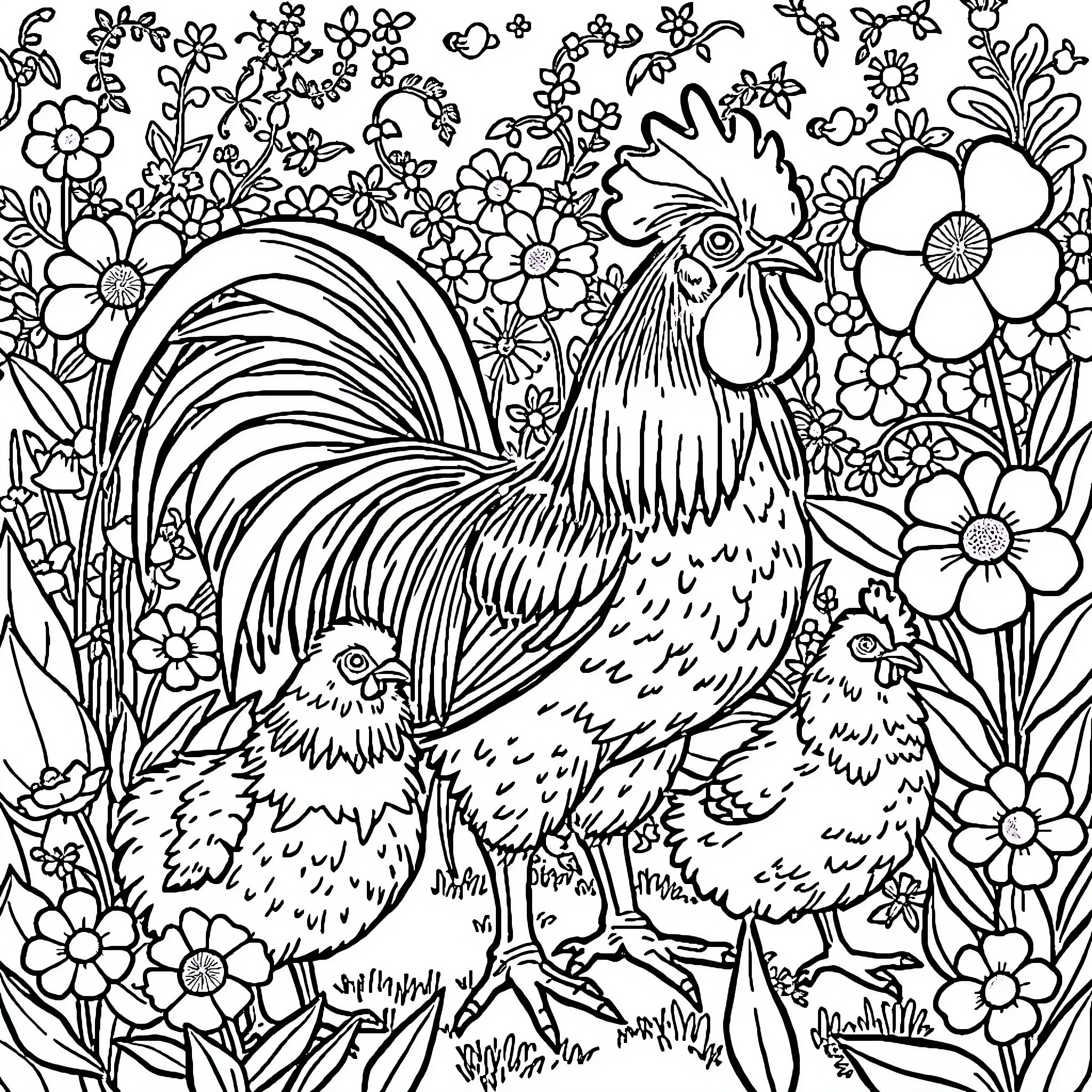 Rooster standing amidst vibrant floral garden Coloring Page (free black-and-white line drawing printable PDF for all, from beginners to advanced learners, including children, teens, adults, and seniors)