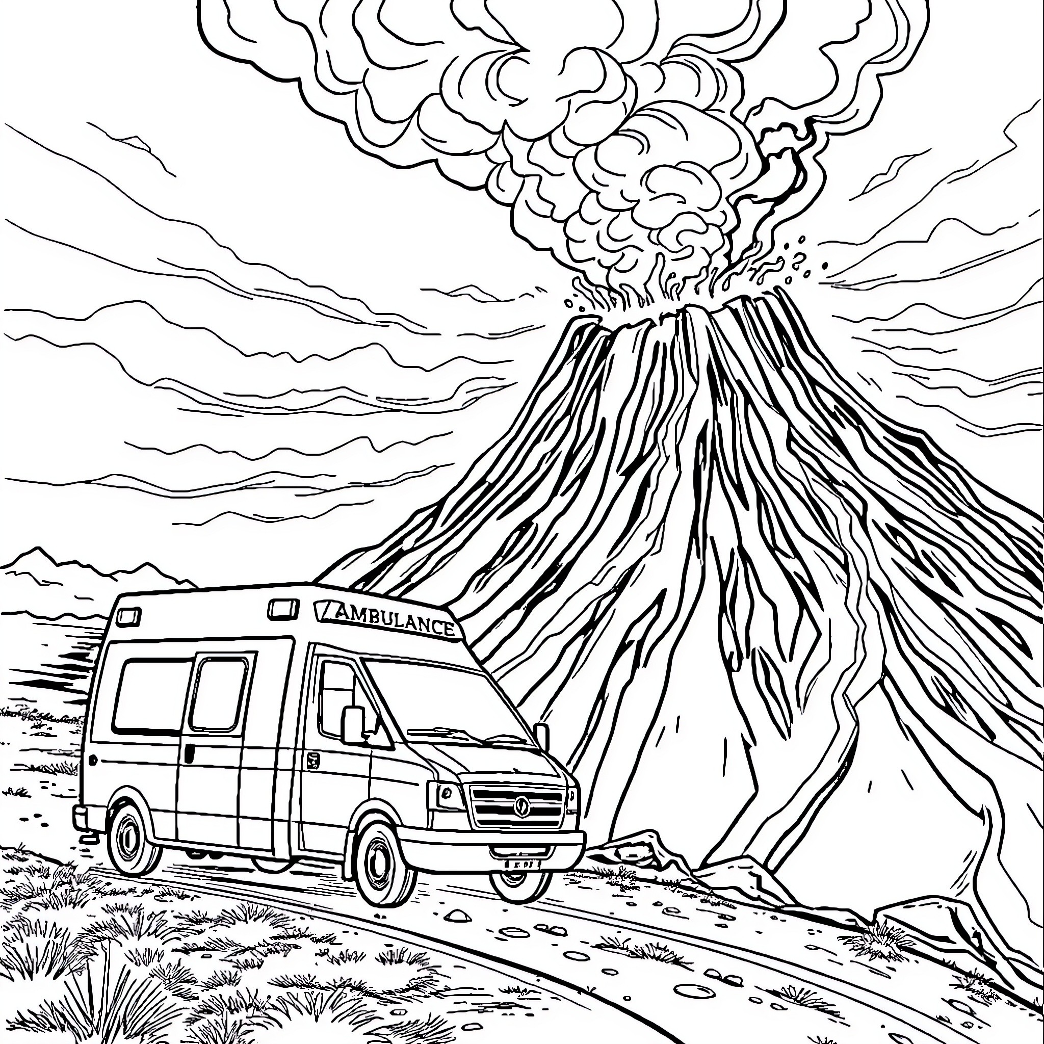 Ambulance responding to emergency near volcanic eruption Coloring Page (free black-and-white line drawing printable PDF for all, from beginners to advanced learners, including children, teens, adults, and seniors)