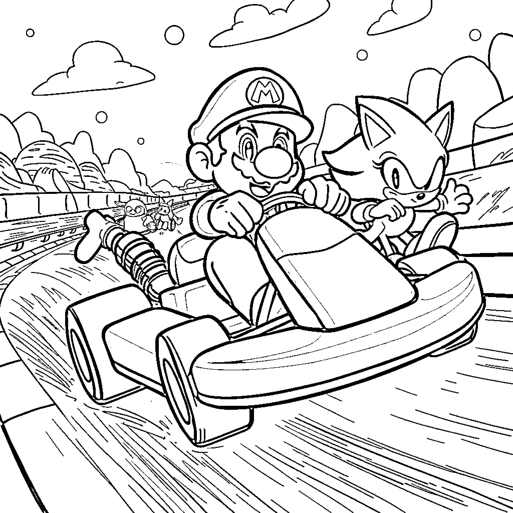 Mario and Sonic racing together on the go-kart track Coloring Page (free black-and-white line drawing printable PDF for all, from beginners to advanced learners, including children, teens, adults, and seniors)