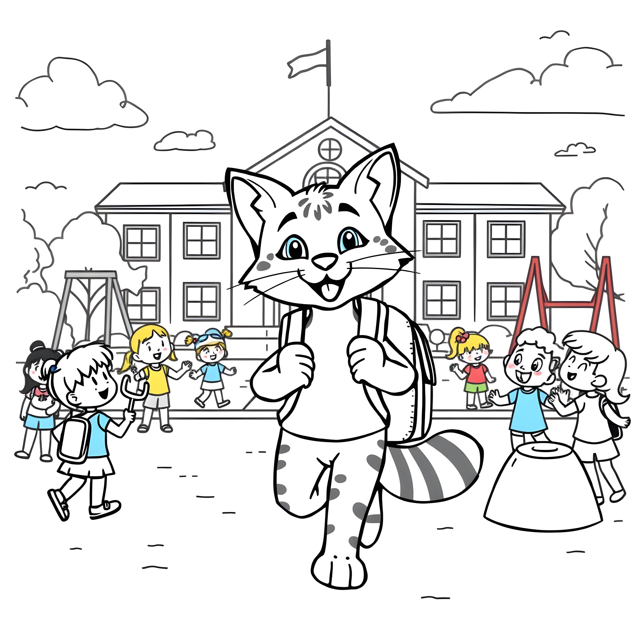 Bobcat mascot welcoming students at school Coloring Page (free black-and-white line drawing printable PDF for all, from beginners to advanced learners, including children, teens, adults, and seniors)