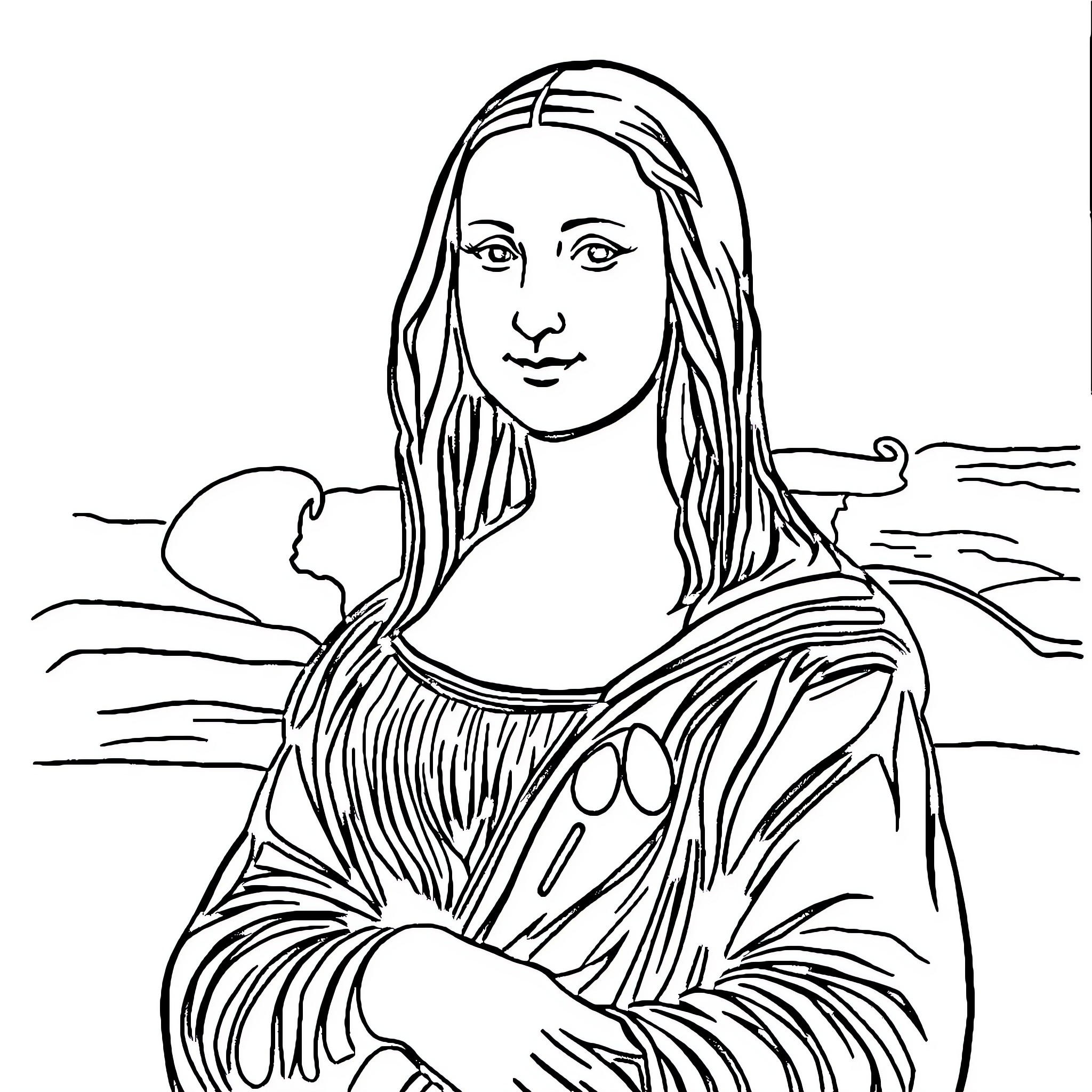 Mona Lisa's serene expression and pose Coloring Page (free black-and-white line drawing printable PDF for all, from beginners to advanced learners, including children, teens, adults, and seniors)