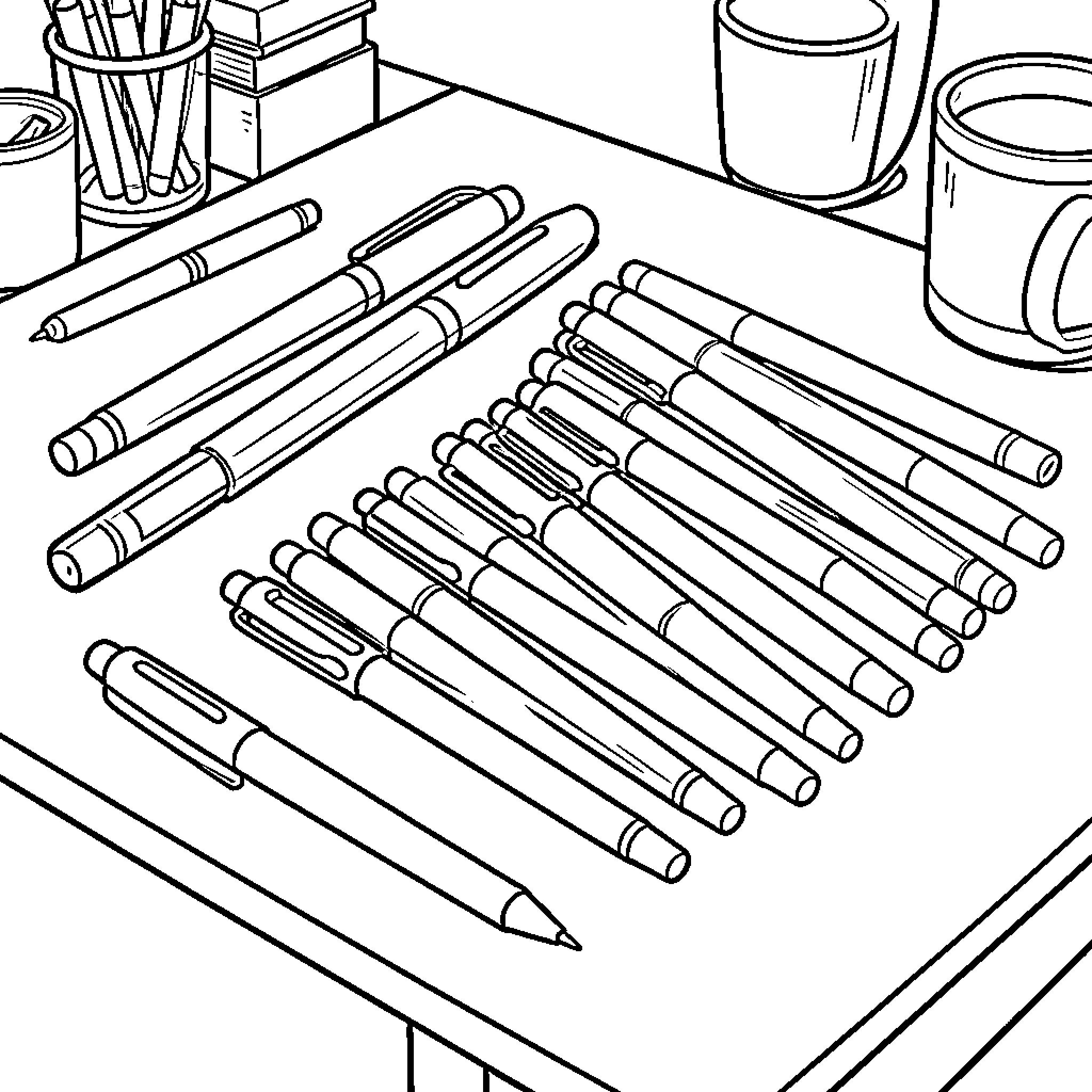 Pen and pencil supplies on a desk Coloring Page (free black-and-white line drawing printable PDF for all, from beginners to advanced learners, including children, teens, adults, and seniors)