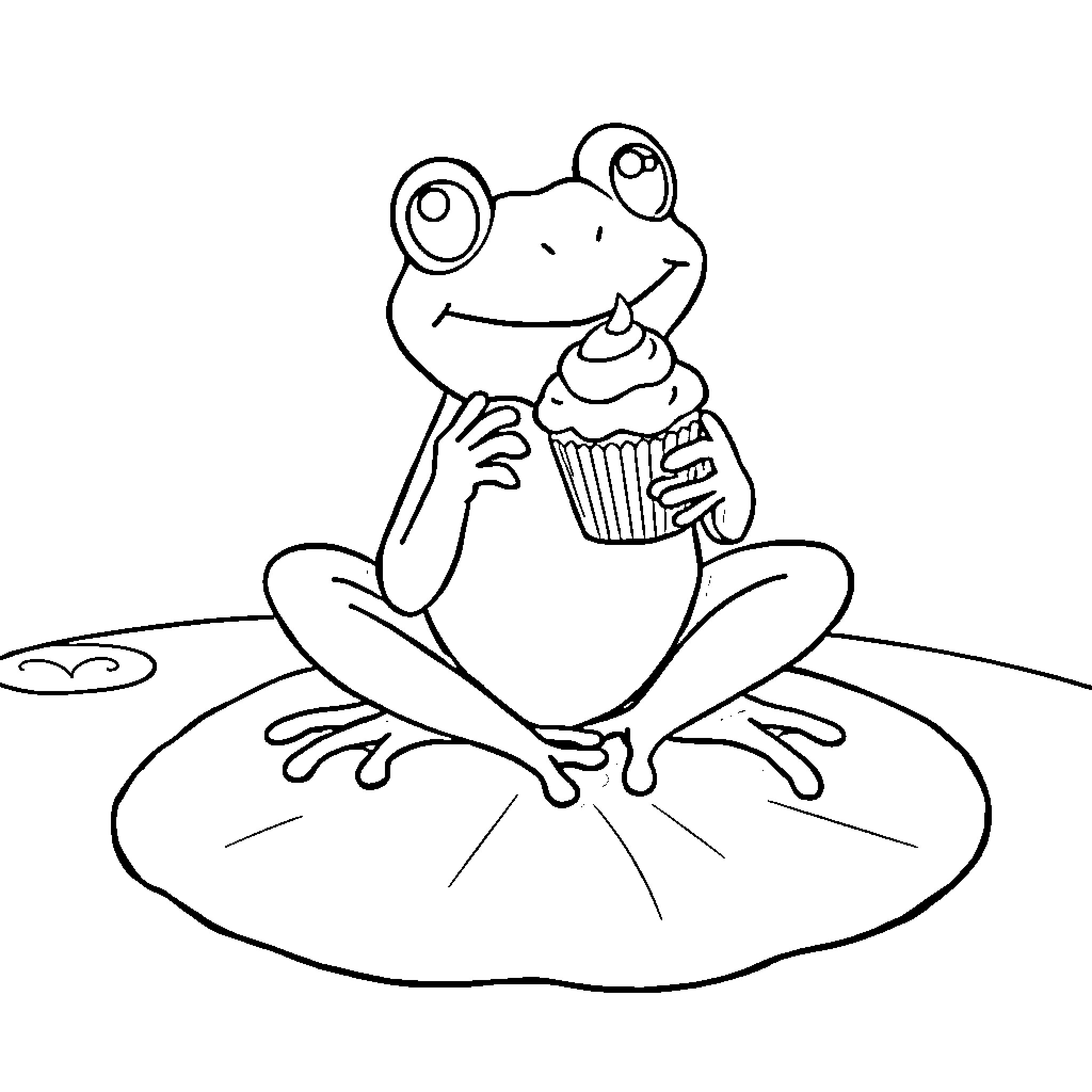 Frog enjoying a cupcake on a lily pad Coloring Page (free black-and-white line drawing printable PDF for all, from beginners to advanced learners, including children, teens, adults, and seniors)