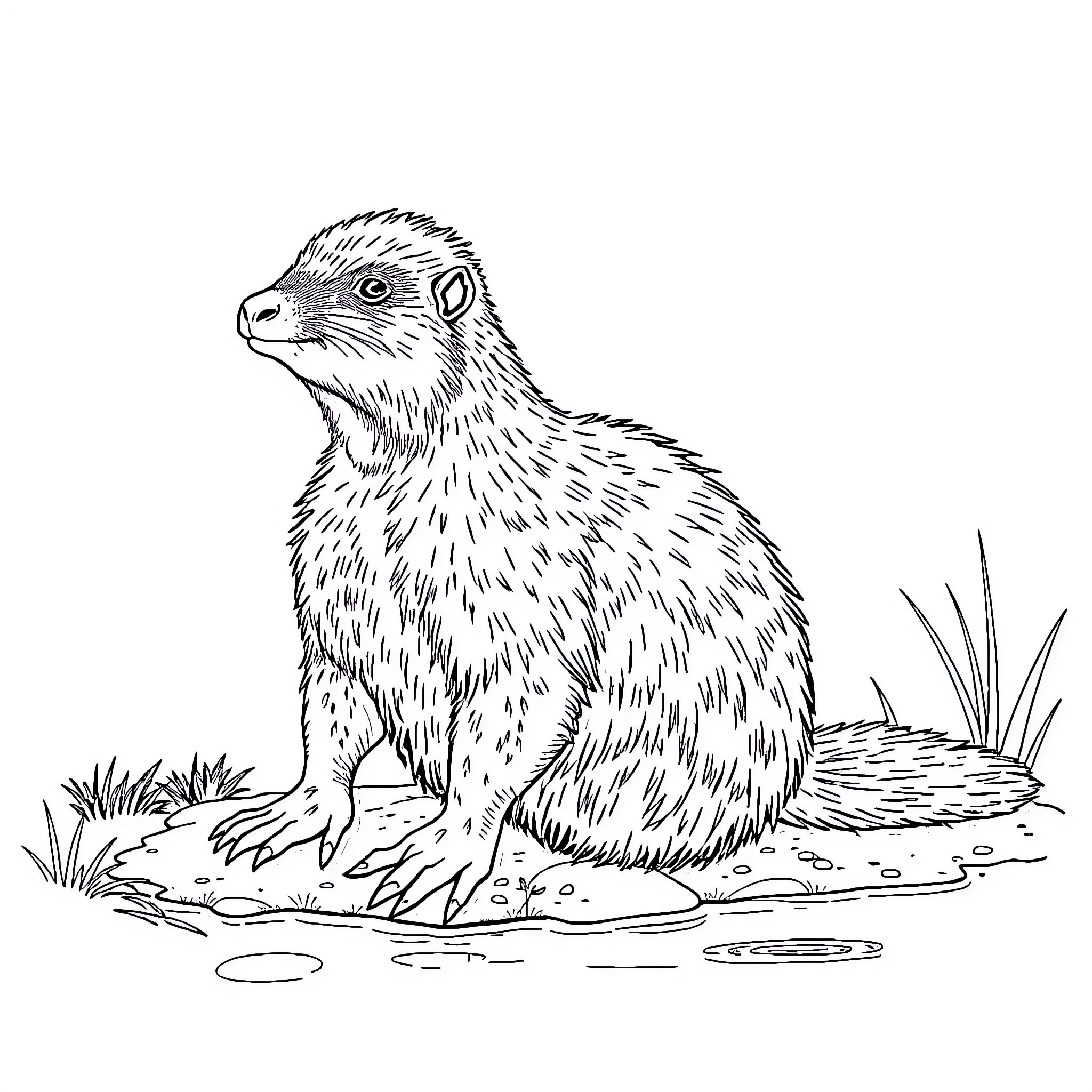 Nutria exploring the outdoors in its natural habitat Coloring Page (free black-and-white line drawing printable PDF for all, from beginners to advanced learners, including children, teens, adults, and seniors)
