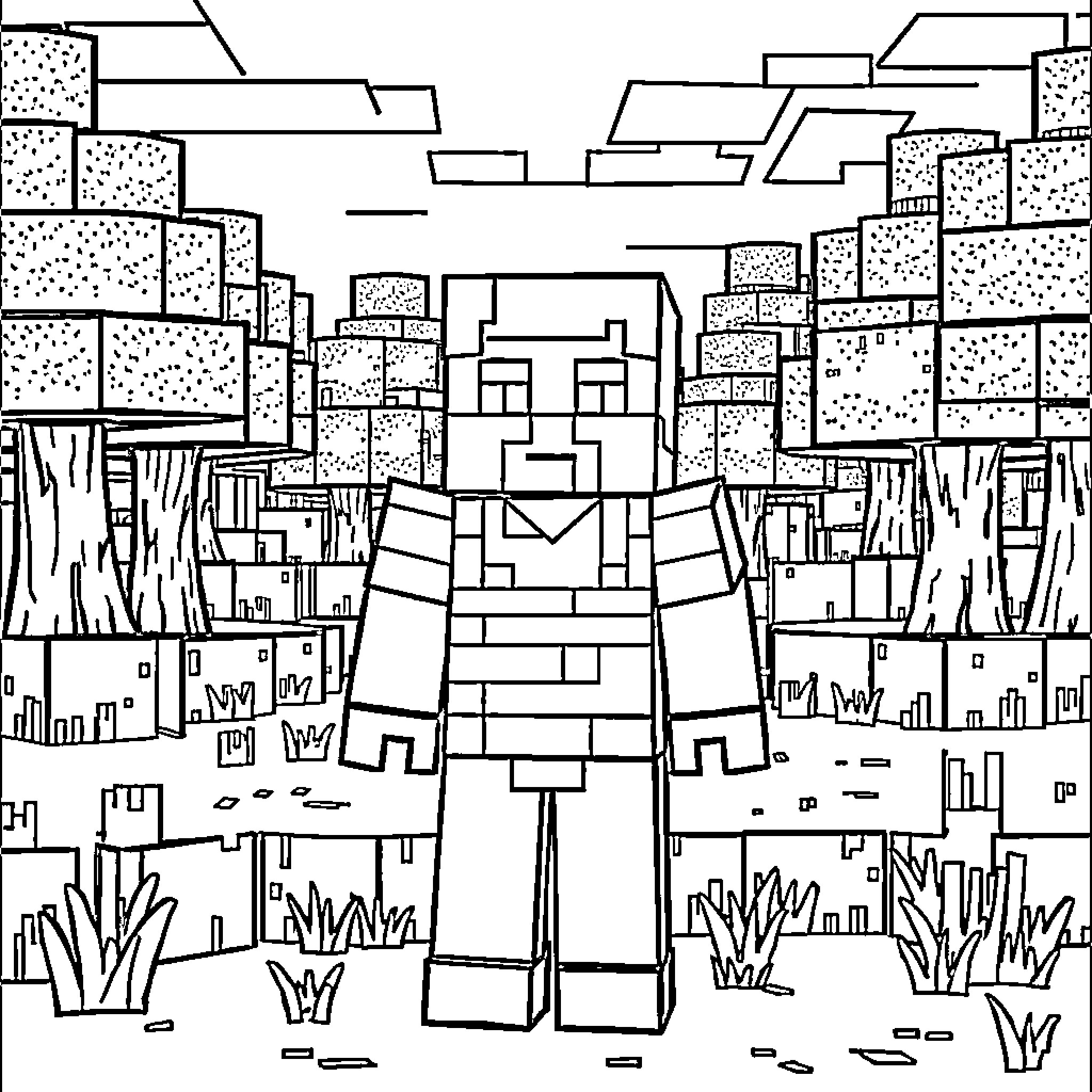 Minecraft Steve exploring the blocky landscape Coloring Page (free black-and-white line drawing printable PDF for all, from beginners to advanced learners, including children, teens, adults, and seniors)