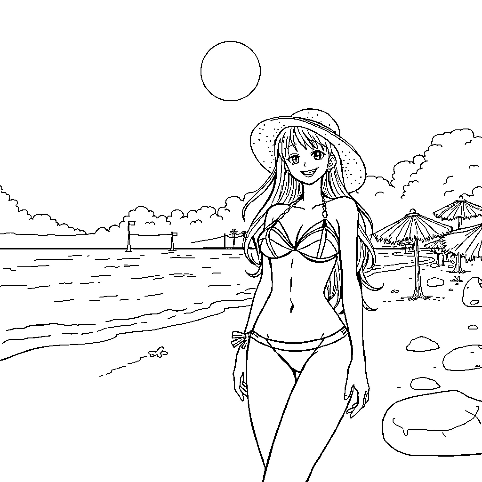 Nami enjoying the beach scenery in her swimwear Coloring Page (free black-and-white line drawing printable PDF for all, from beginners to advanced learners, including children, teens, adults, and seniors)