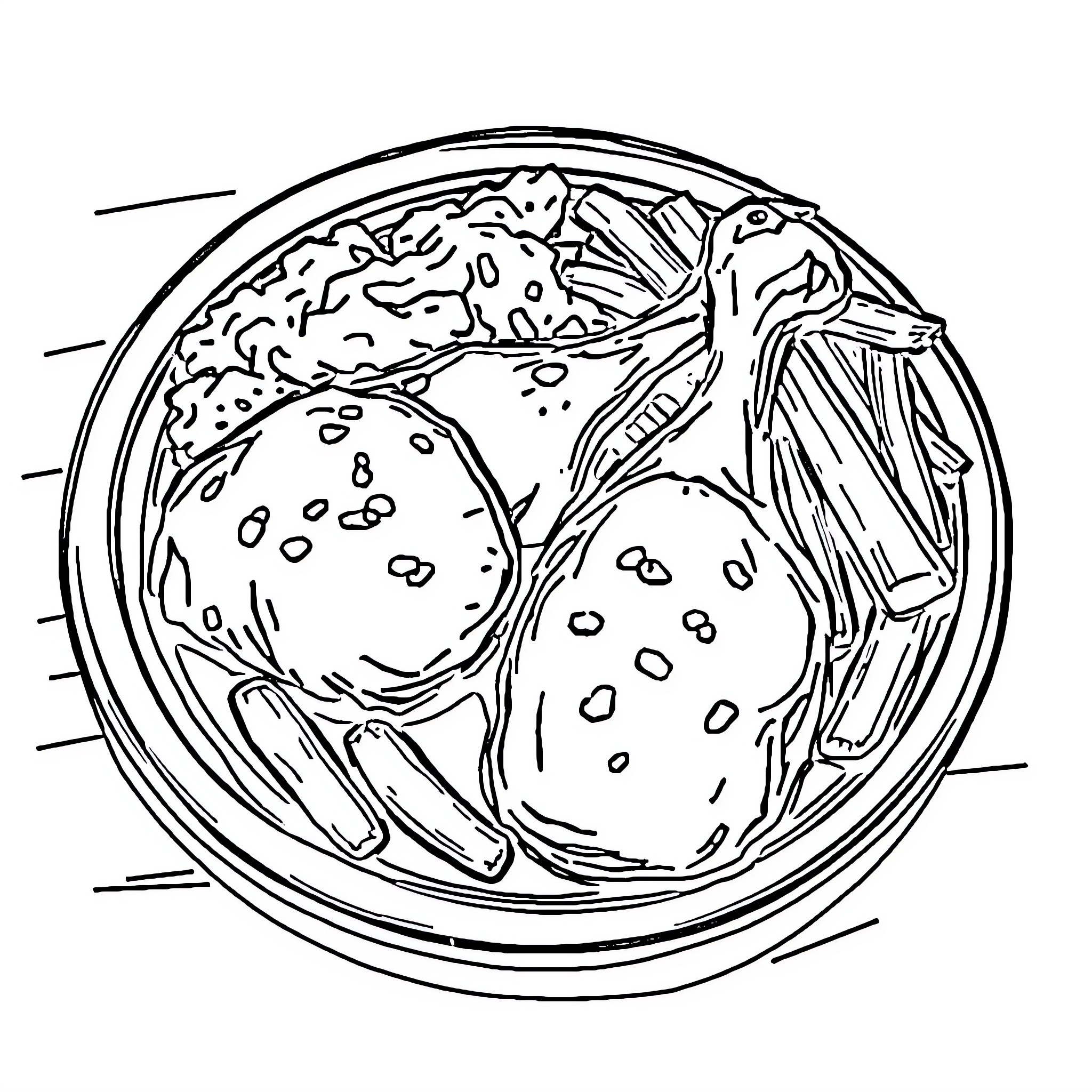 Chicken Drumsticks Served on a Plate Coloring Page (free black-and-white line drawing printable PDF for all, from beginners to advanced learners, including children, teens, adults, and seniors)