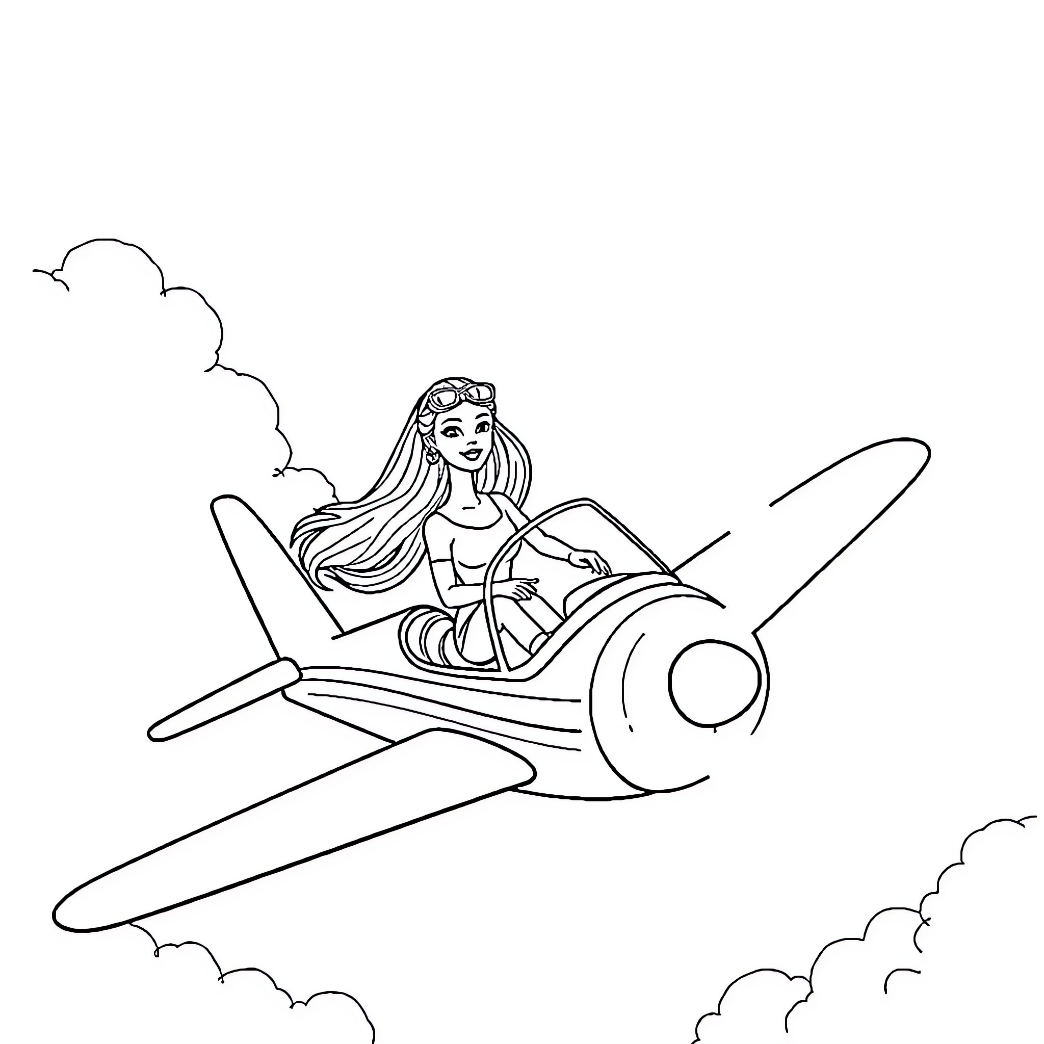 Barbie Enjoying a Plane Ride Coloring Page (free black-and-white line drawing printable PDF for all, from beginners to advanced learners, including children, teens, adults, and seniors)