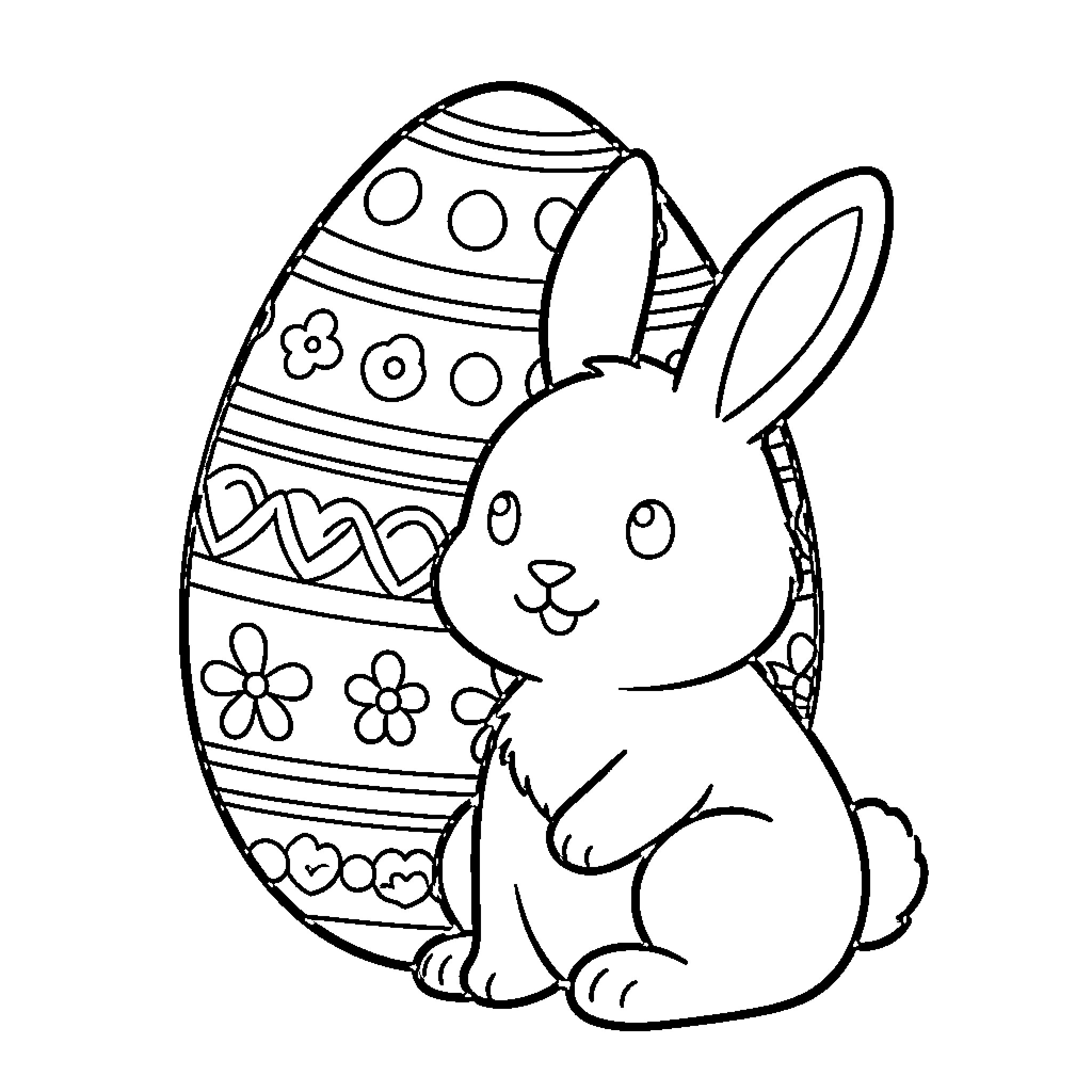 Bunny with Easter egg decorations Coloring Page (free black-and-white line drawing printable PDF for all, from beginners to advanced learners, including children, teens, adults, and seniors)