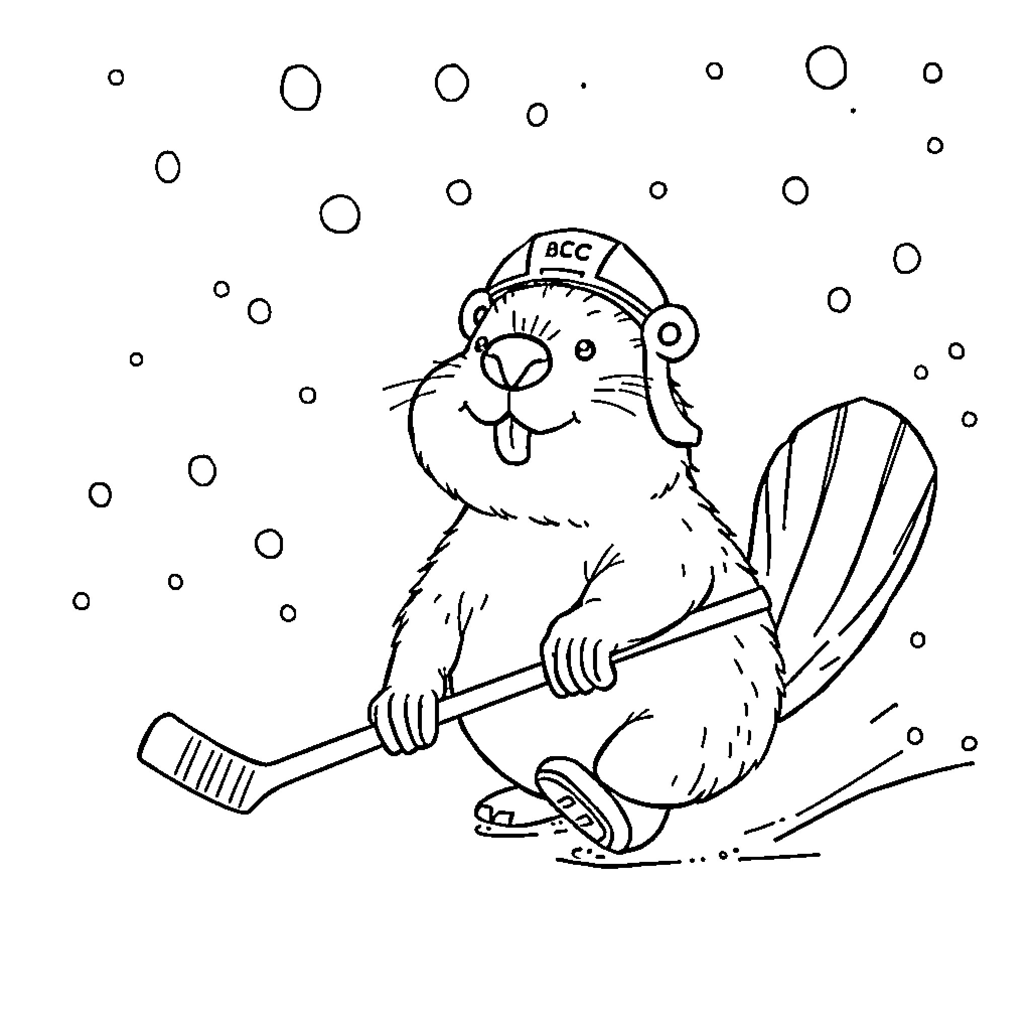 Beaver playing hockey on ice Coloring Page (free black-and-white line drawing printable PDF for all, from beginners to advanced learners, including children, teens, adults, and seniors)