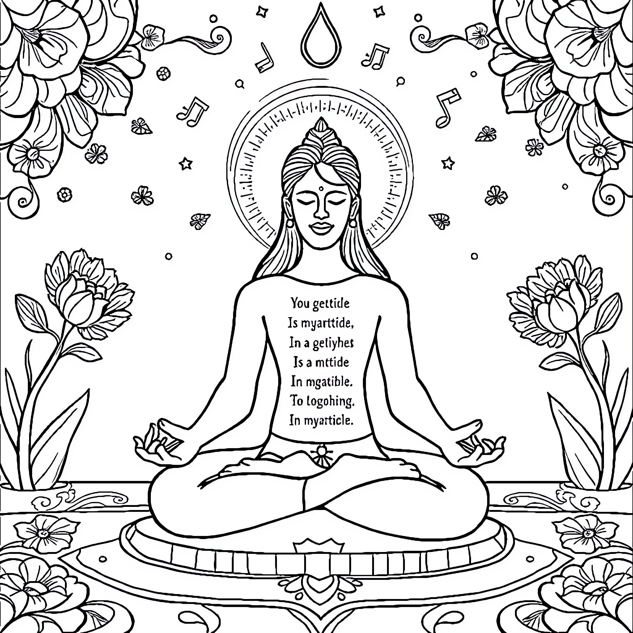Mantra of Meditation and Tranquility Coloring Page (free black-and-white line drawing printable PDF for all, from beginners to advanced learners, including children, teens, adults, and seniors)
