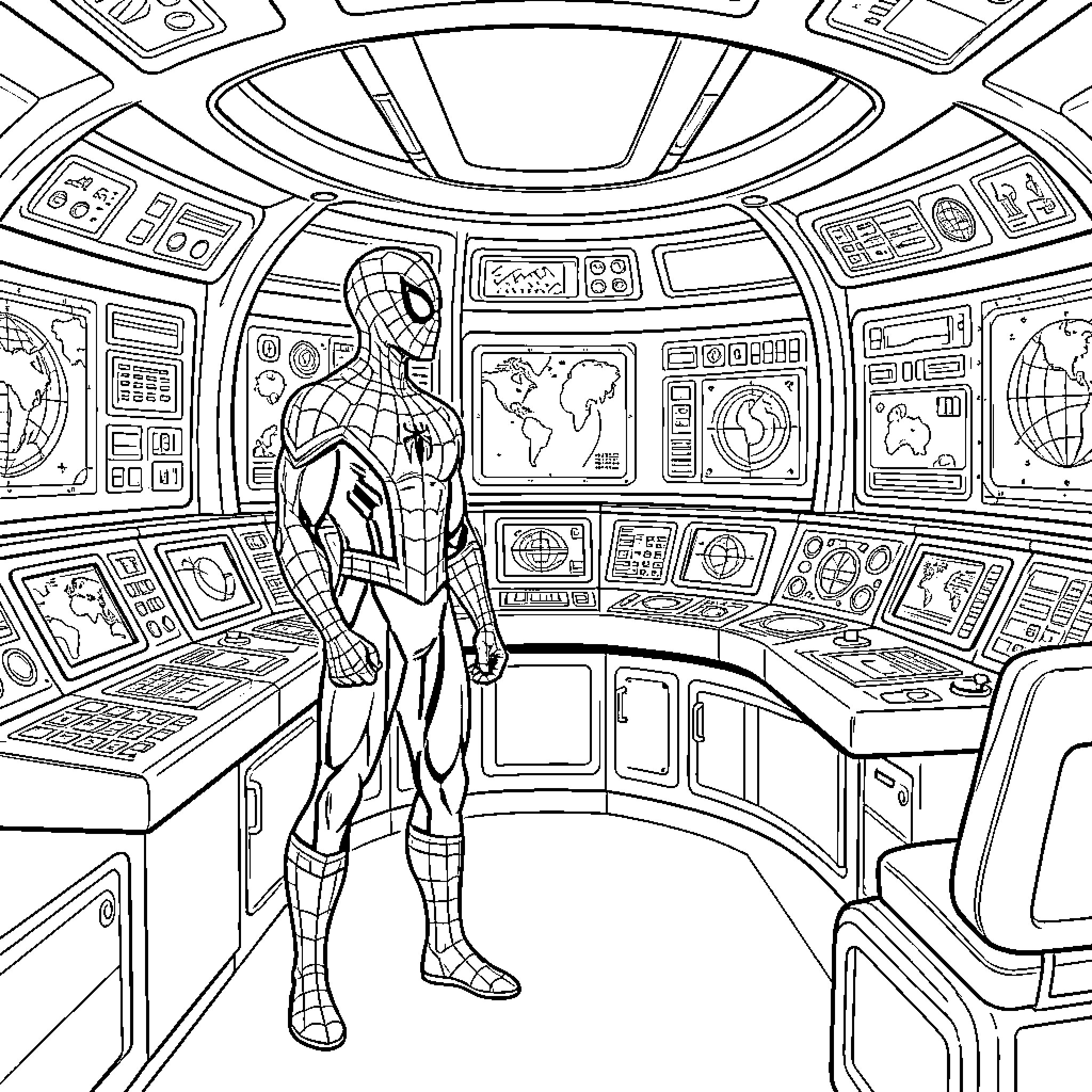 Spiderman standing inside a high-tech futuristic control room Coloring Page (free black-and-white line drawing printable PDF for all, from beginners to advanced learners, including children, teens, adults, and seniors)