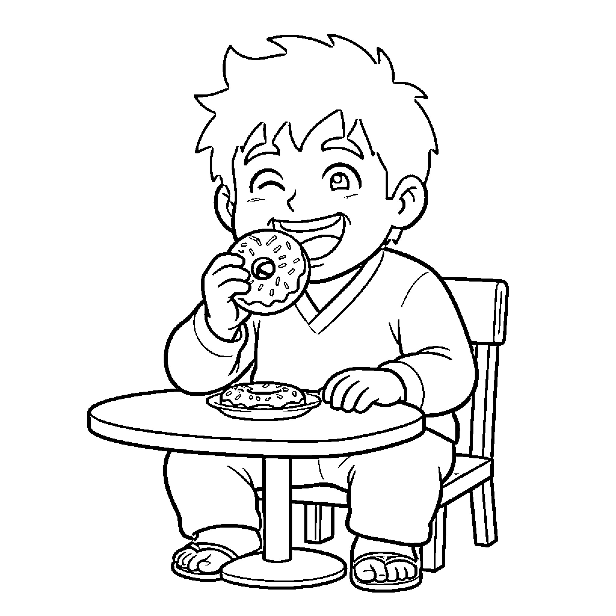 Sangoku happily eating a delicious donut at a table Coloring Page (free black-and-white line drawing printable PDF for all, from beginners to advanced learners, including children, teens, adults, and seniors)