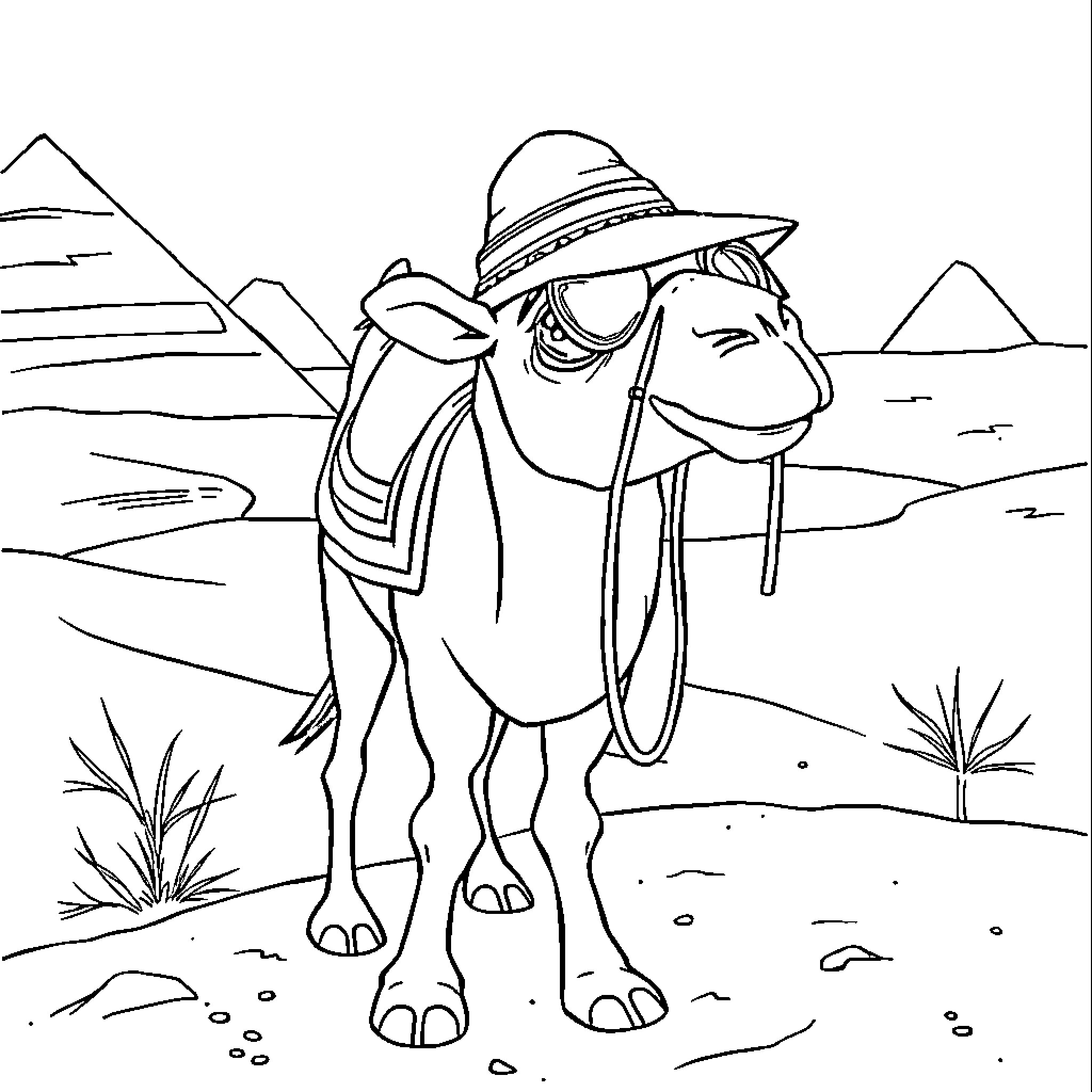 Camel in the Desert with Pyramids Coloring Page (free black-and-white line drawing printable PDF for all, from beginners to advanced learners, including children, teens, adults, and seniors)
