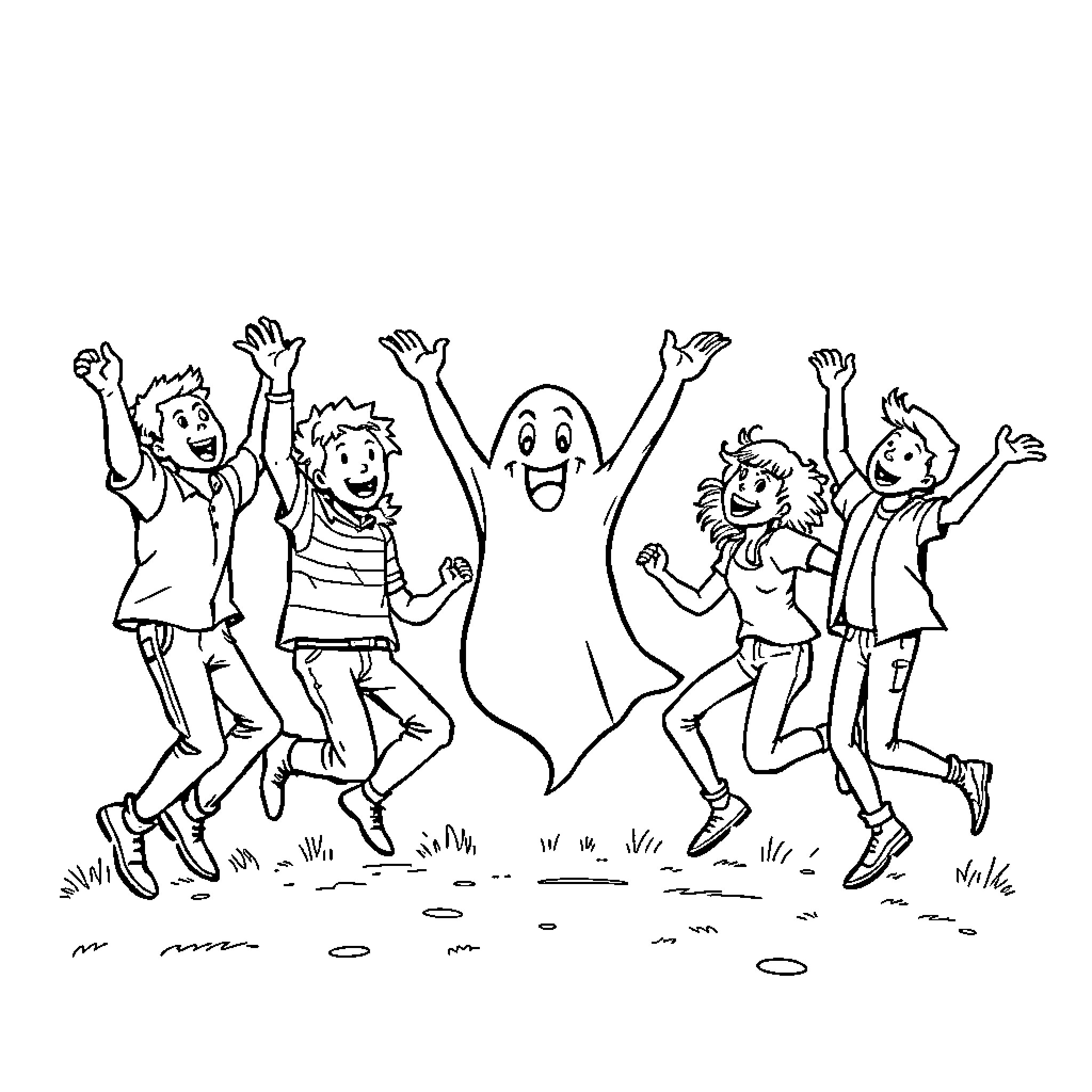 Ghost children playing joyfully in the field Coloring Page (free black-and-white line drawing printable PDF for all, from beginners to advanced learners, including children, teens, adults, and seniors)