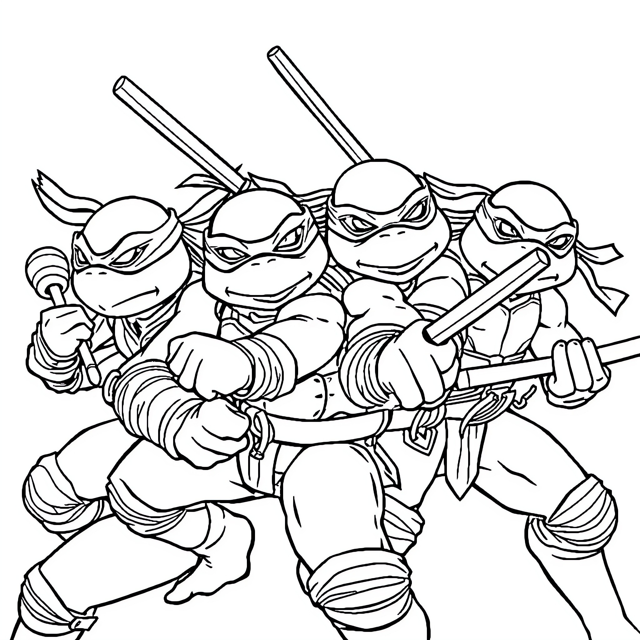 Ninja Turtle heroes in action pose Coloring Page (free black-and-white line drawing printable PDF for all, from beginners to advanced learners, including children, teens, adults, and seniors)