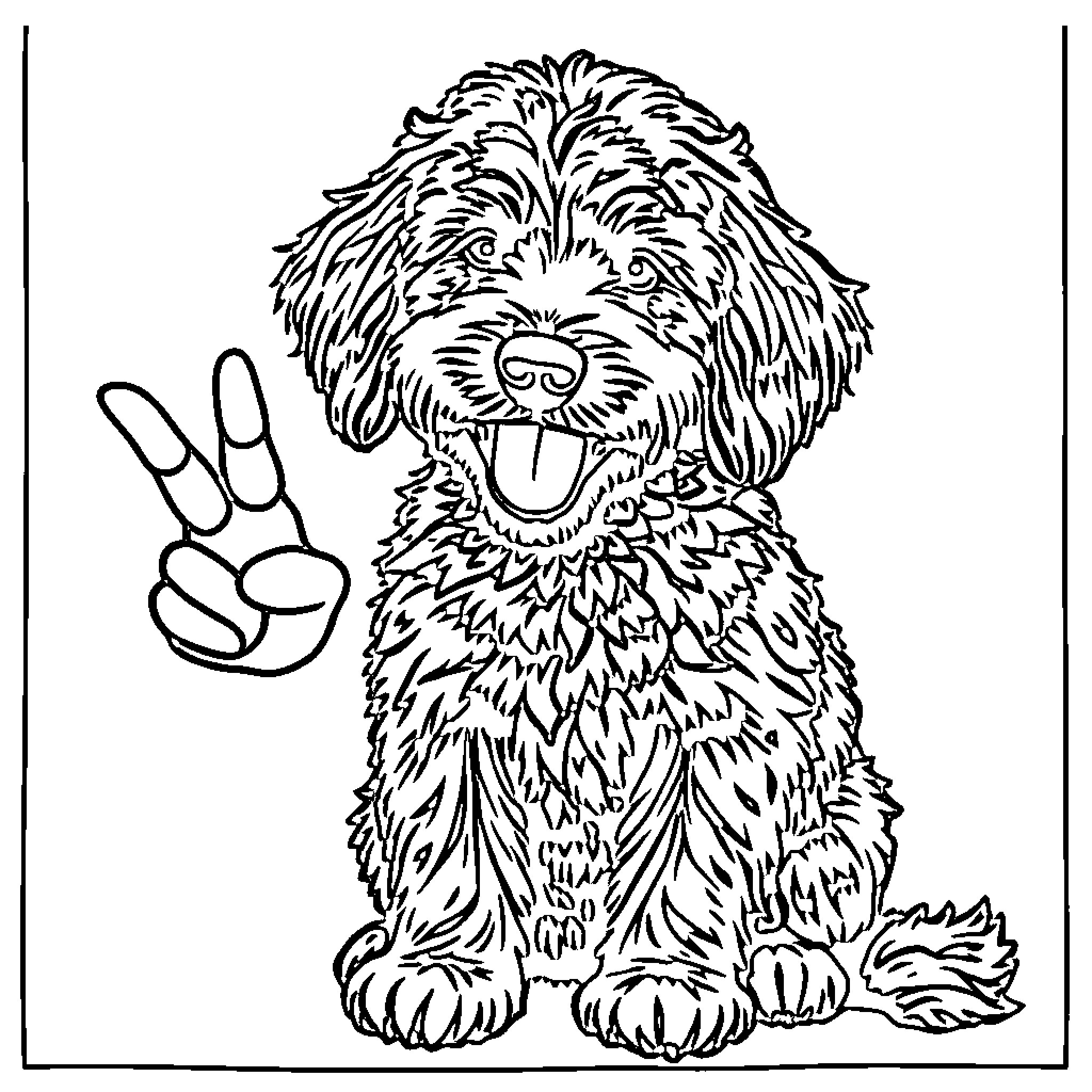 Doodle of playful puppy making peace sign Coloring Page (free black-and-white line drawing printable PDF for all, from beginners to advanced learners, including children, teens, adults, and seniors)