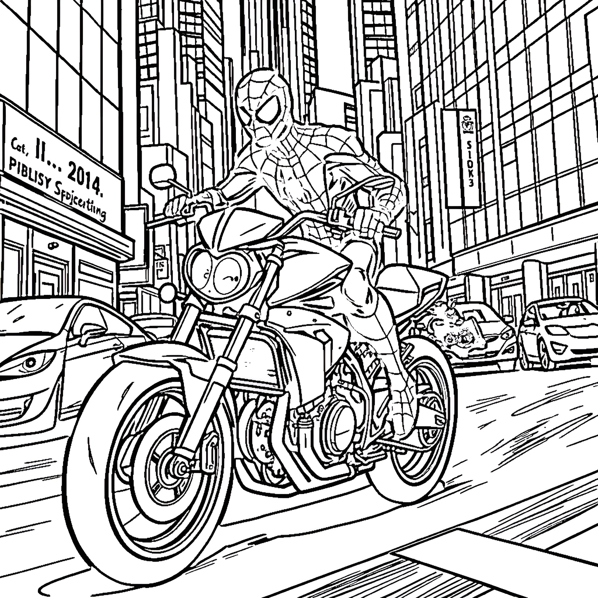 Spider-Man Riding a Motorcycle in the City Coloring Page (free black-and-white line drawing printable PDF for all, from beginners to advanced learners, including children, teens, adults, and seniors)