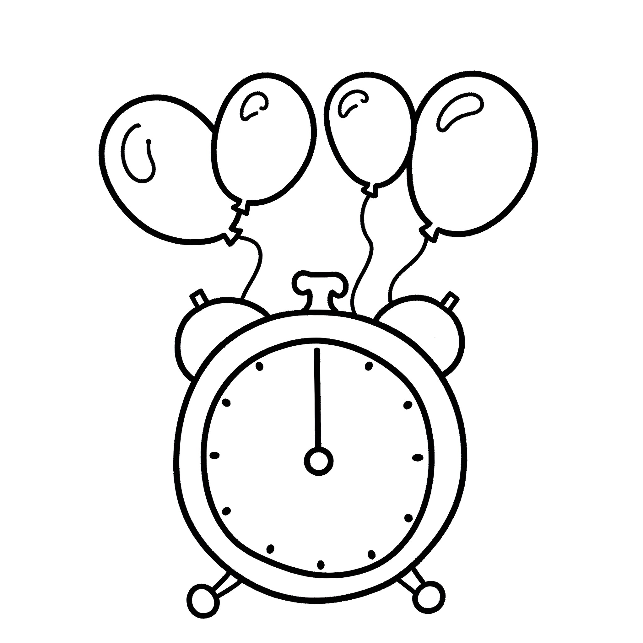 Clock with floating balloons Coloring Page (free black-and-white line drawing printable PDF for all, from beginners to advanced learners, including children, teens, adults, and seniors)