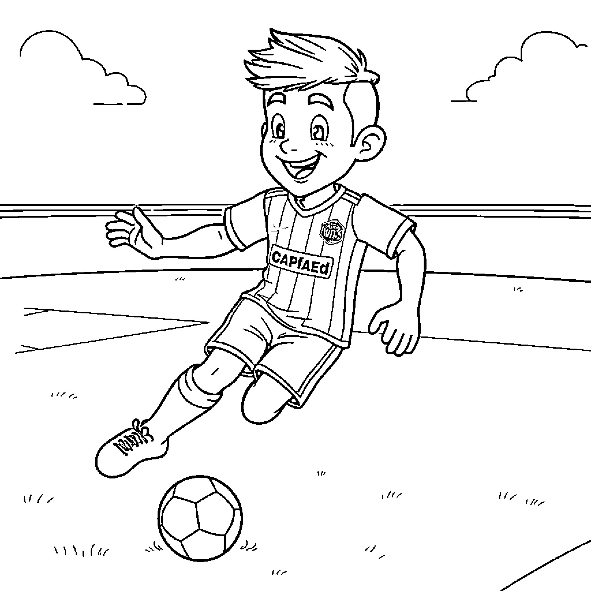 Captain Majed playing soccer on the field Coloring Page (free black-and-white line drawing printable PDF for all, from beginners to advanced learners, including children, teens, adults, and seniors)