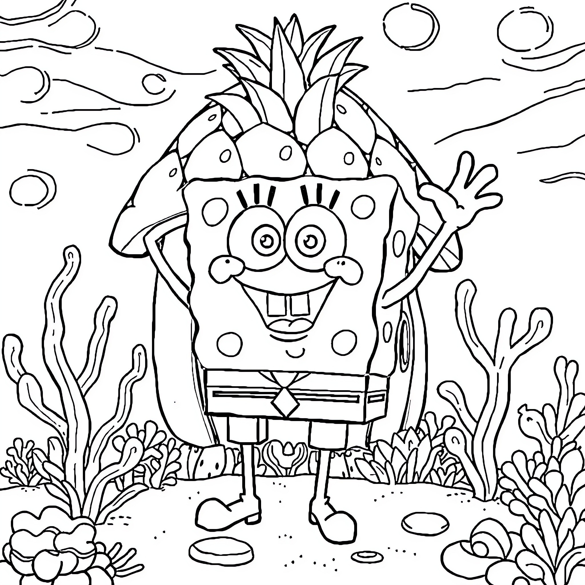 Spongebob enjoying a day at the ocean Coloring Page (free black-and-white line drawing printable PDF for all, from beginners to advanced learners, including children, teens, adults, and seniors)