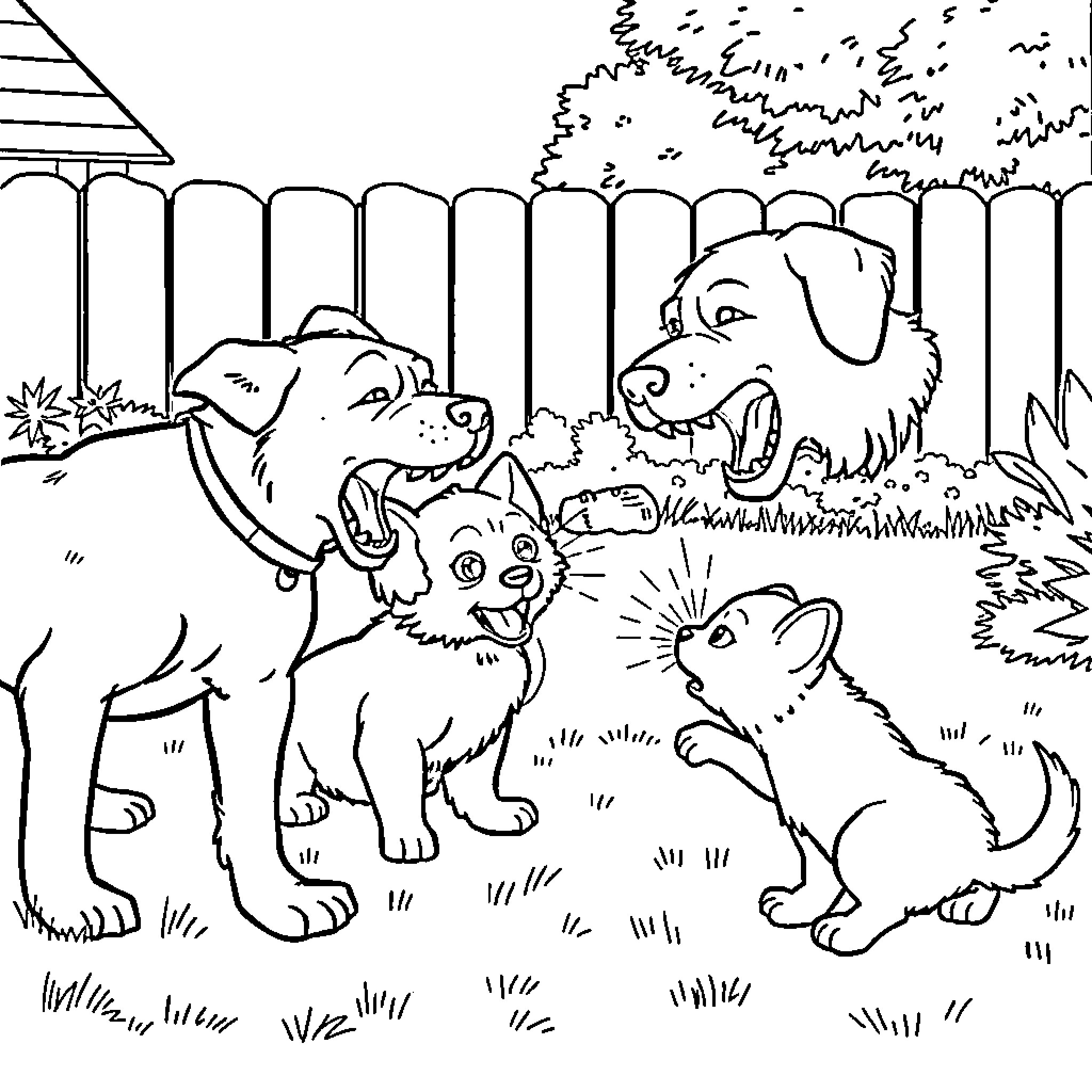 Dog friends playing in the yard Coloring Page (free black-and-white line drawing printable PDF for all, from beginners to advanced learners, including children, teens, adults, and seniors)