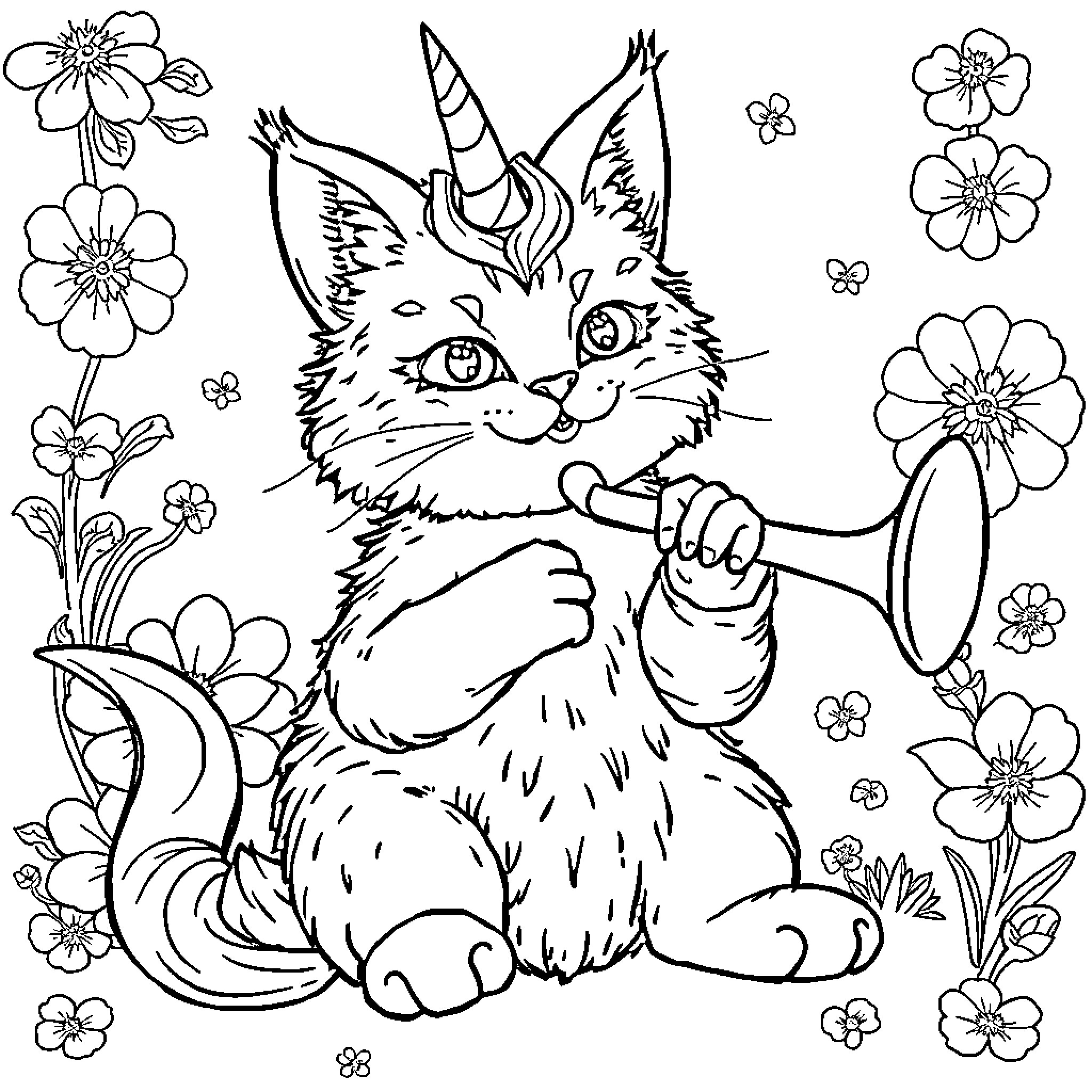 Unicorn cat playing in a floral field Coloring Page (free black-and-white line drawing printable PDF for all, from beginners to advanced learners, including children, teens, adults, and seniors)