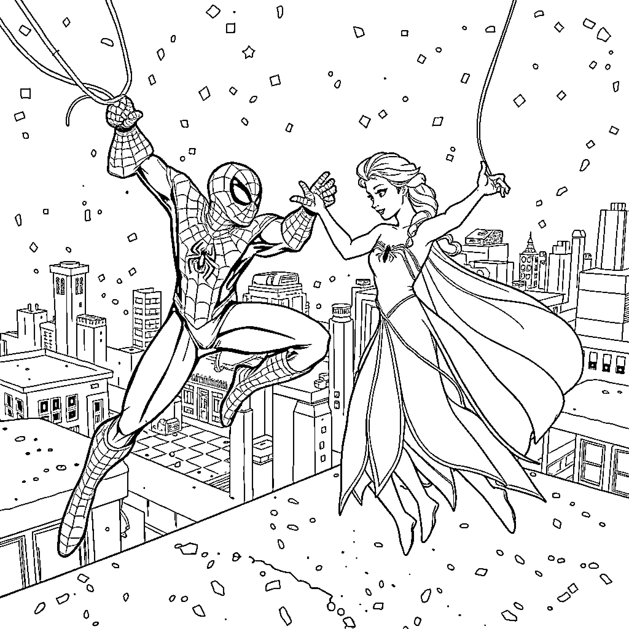 Elsa and Spider-Man's Winter Wonderland Adventure Coloring Page (free black-and-white line drawing printable PDF for all, from beginners to advanced learners, including children, teens, adults, and seniors)