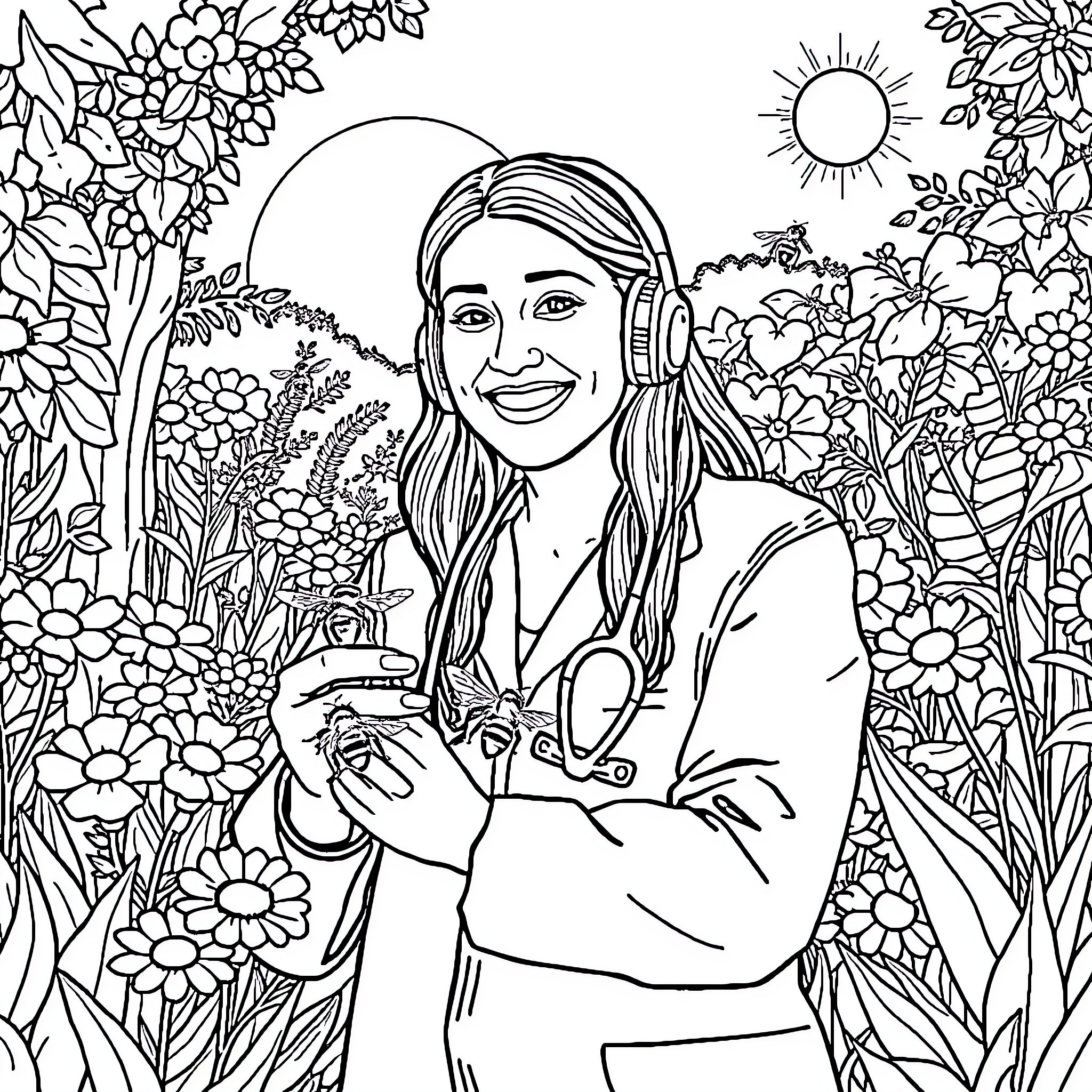 Audiologist tending to patient in serene garden Coloring Page (free black-and-white line drawing printable PDF for all, from beginners to advanced learners, including children, teens, adults, and seniors)