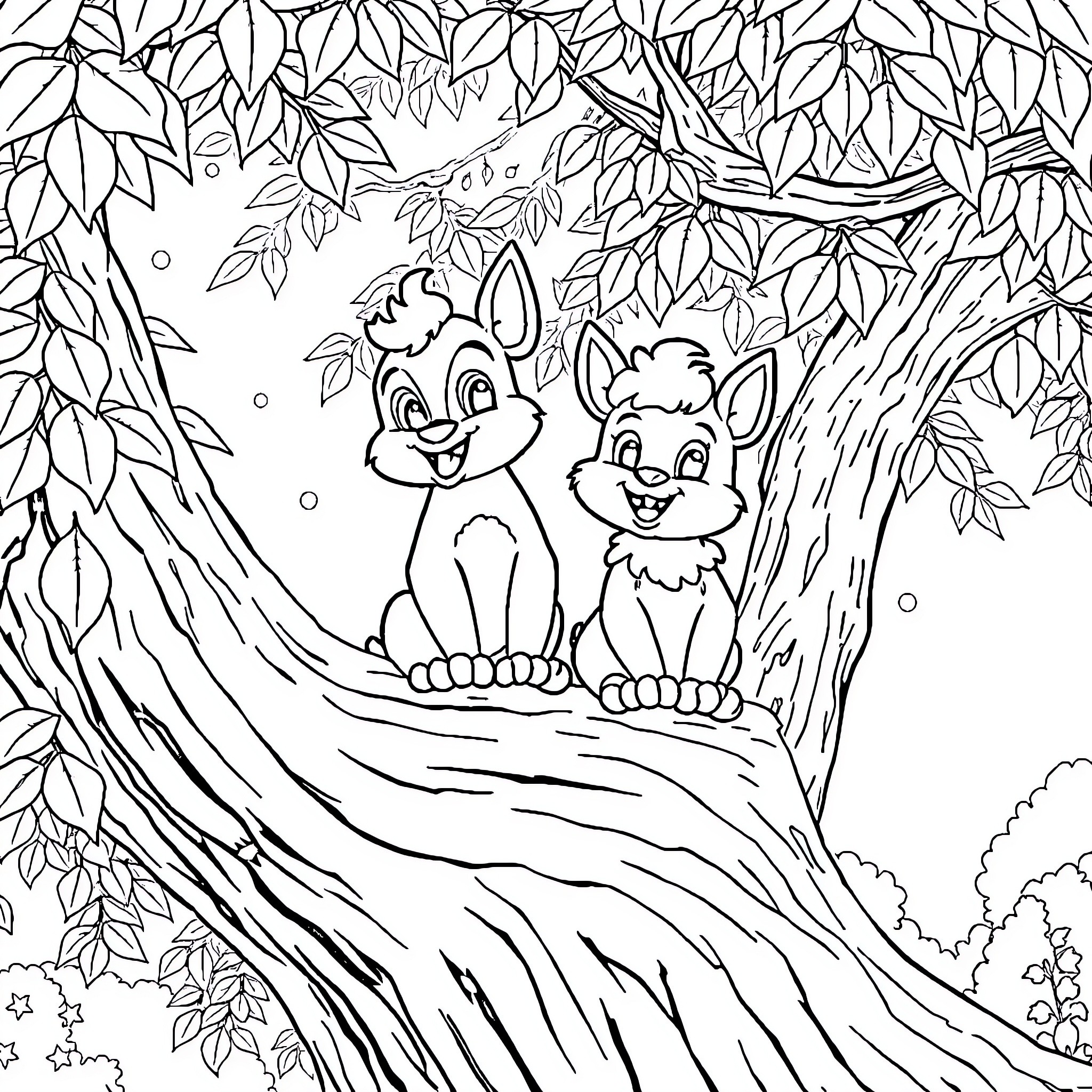 Bluey and friends explore the lush forest Coloring Page (free black-and-white line drawing printable PDF for all, from beginners to advanced learners, including children, teens, adults, and seniors)