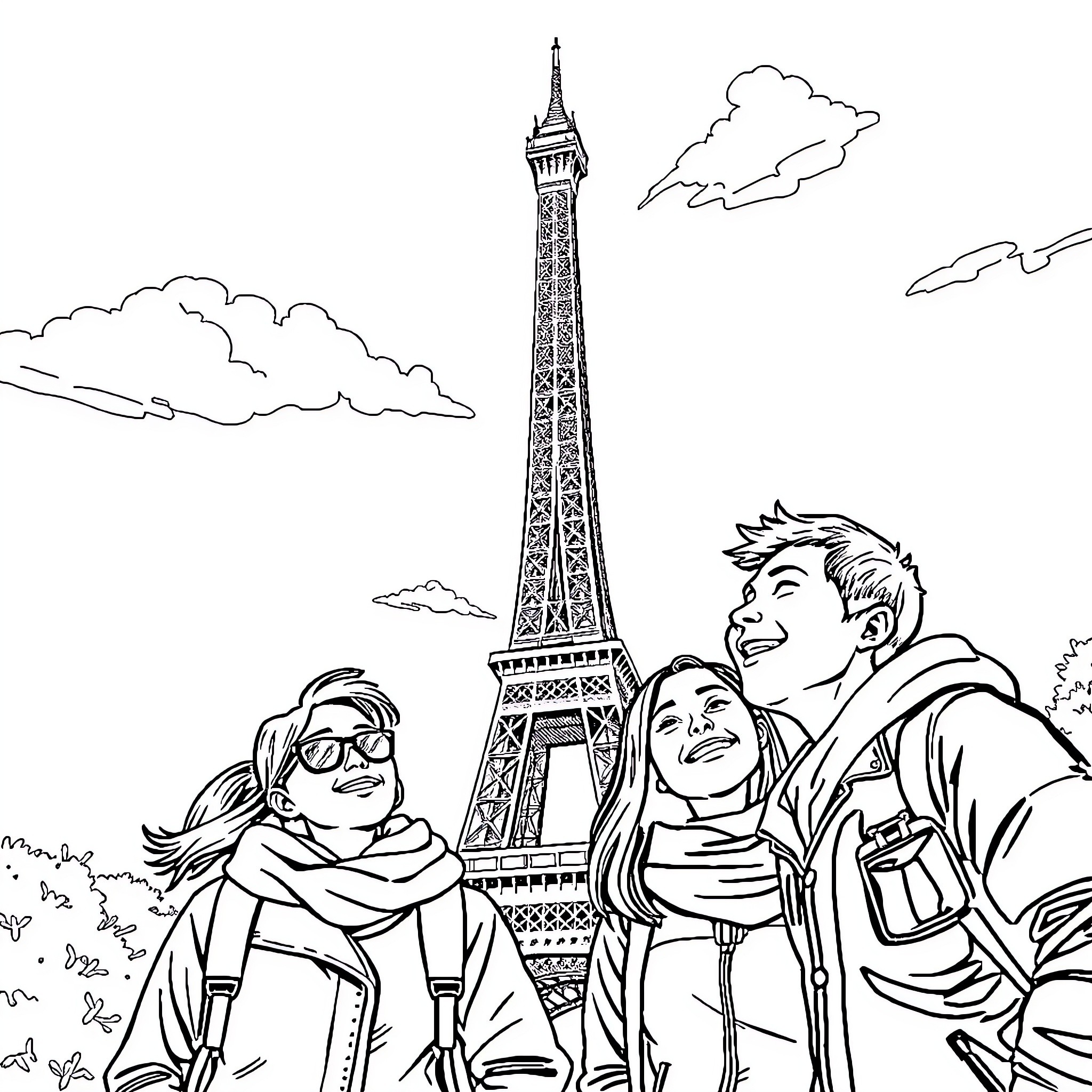 Manga Characters Exploring Paris Landmarks Coloring Page (free black-and-white line drawing printable PDF for all, from beginners to advanced learners, including children, teens, adults, and seniors)