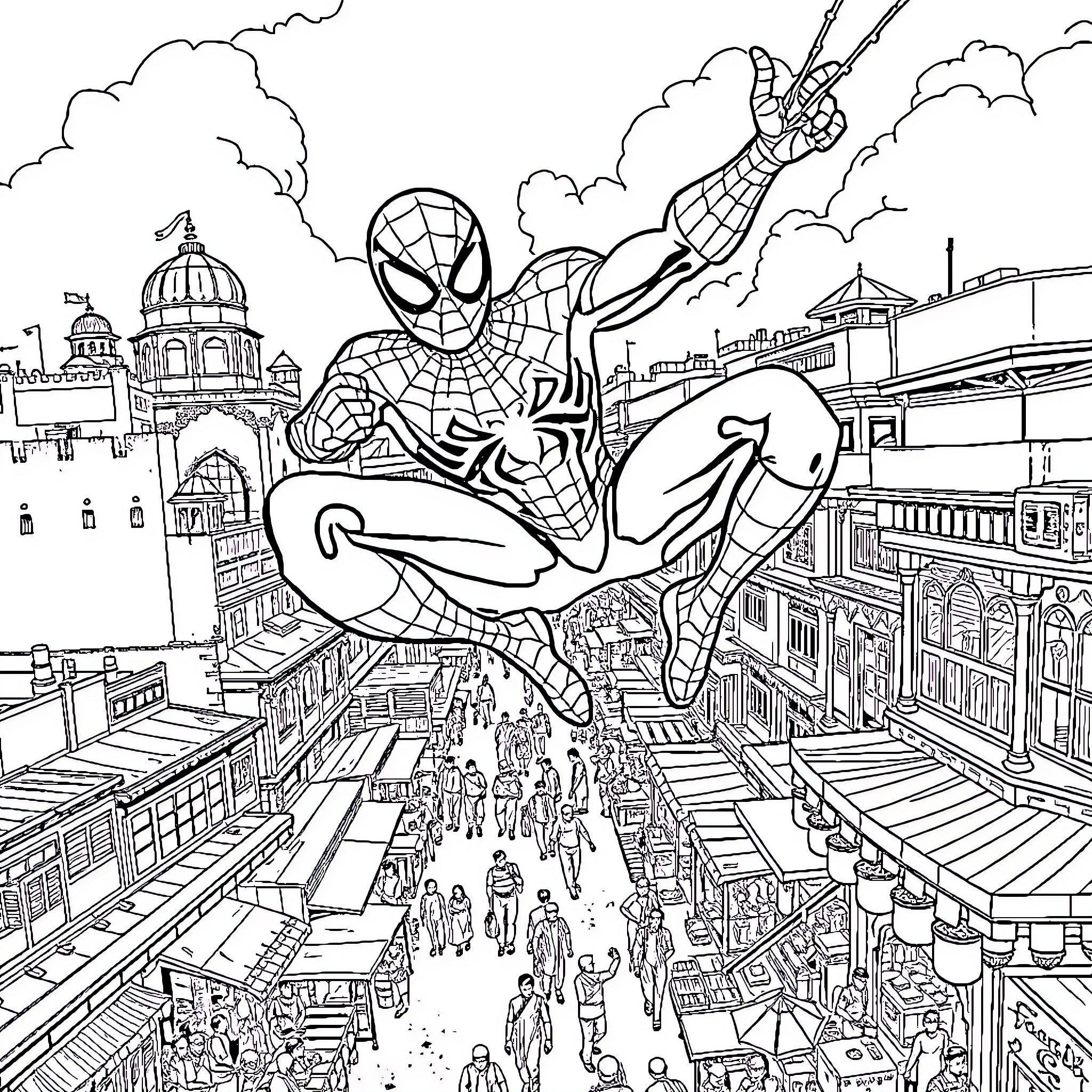 Spiderman swinging heroically over a bustling city Coloring Page (free black-and-white line drawing printable PDF for all, from beginners to advanced learners, including children, teens, adults, and seniors)