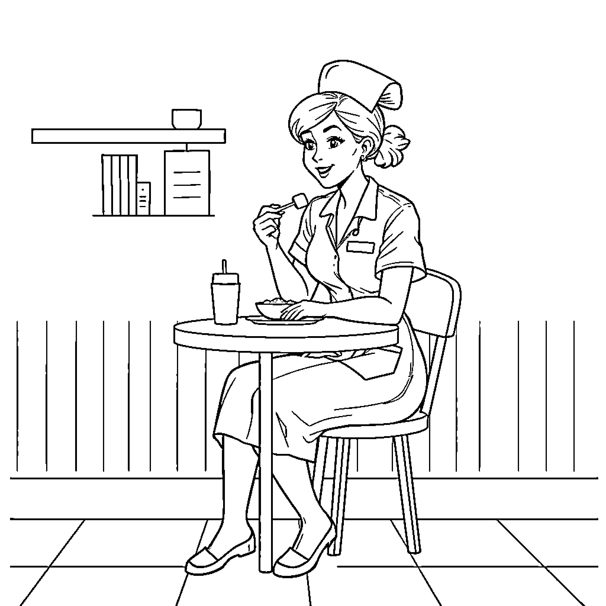 Nurse Enjoying Her Lunchtime Break Coloring Page (free black-and-white line drawing printable PDF for all, from beginners to advanced learners, including children, teens, adults, and seniors)